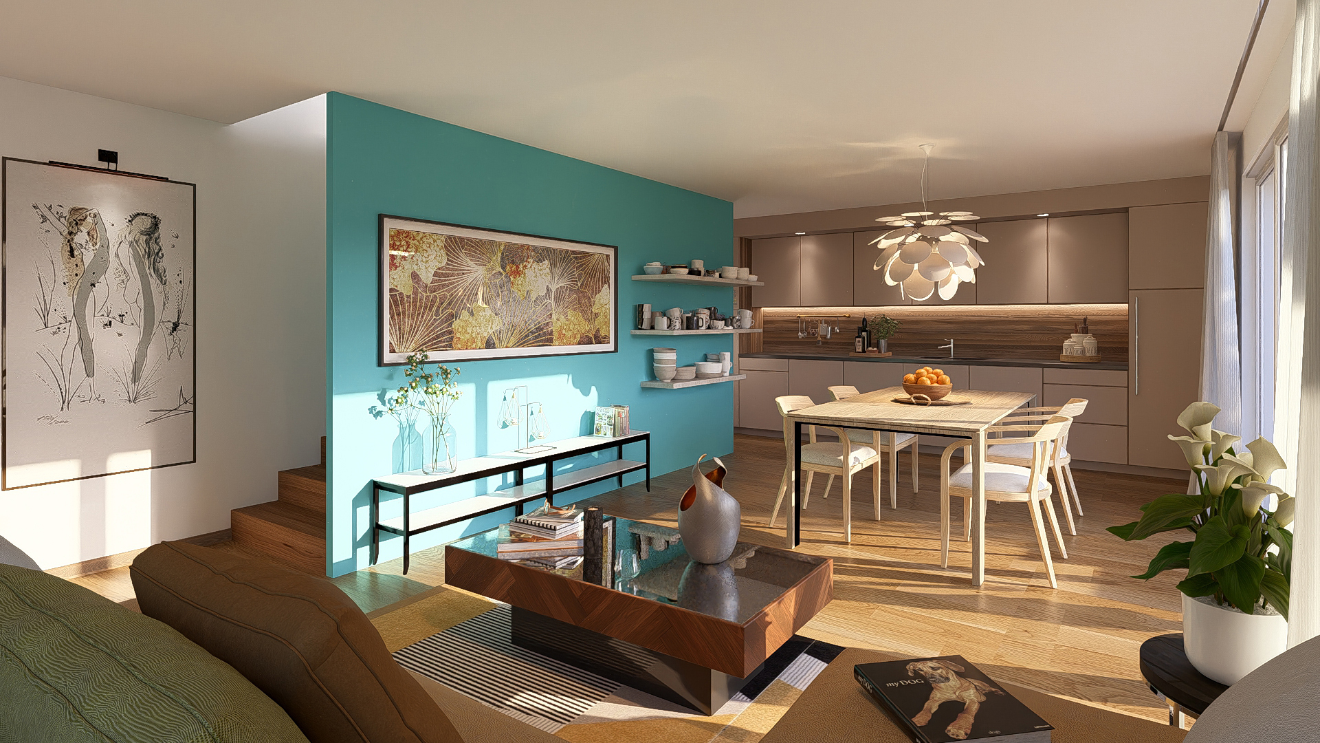 Projet immobilier à Villarimboud avec maisons et Domespace à vendre : l'intérieur des villas, la pièce à vivre.