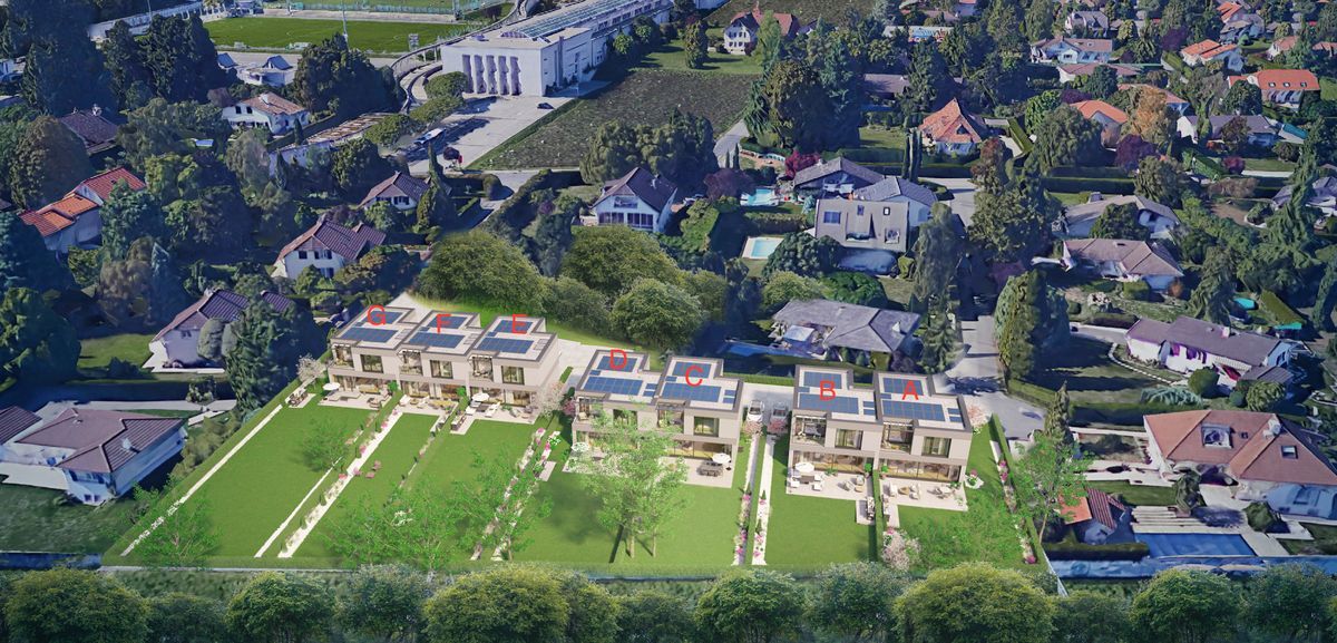 Perspectives des maisons jumelées avec jardins et panneaux solaires.