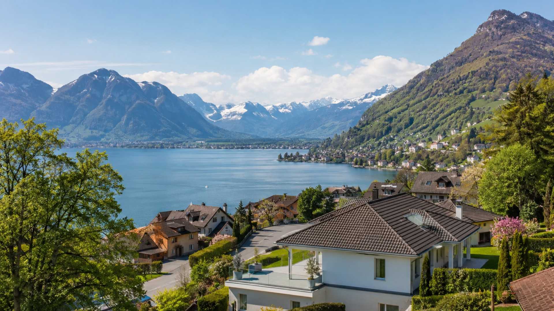 Vue réaliste d’un village suisse au bord d’un lac, entouré de montagnes, illustrant l’attractivité du marché immobilier en Suisse.