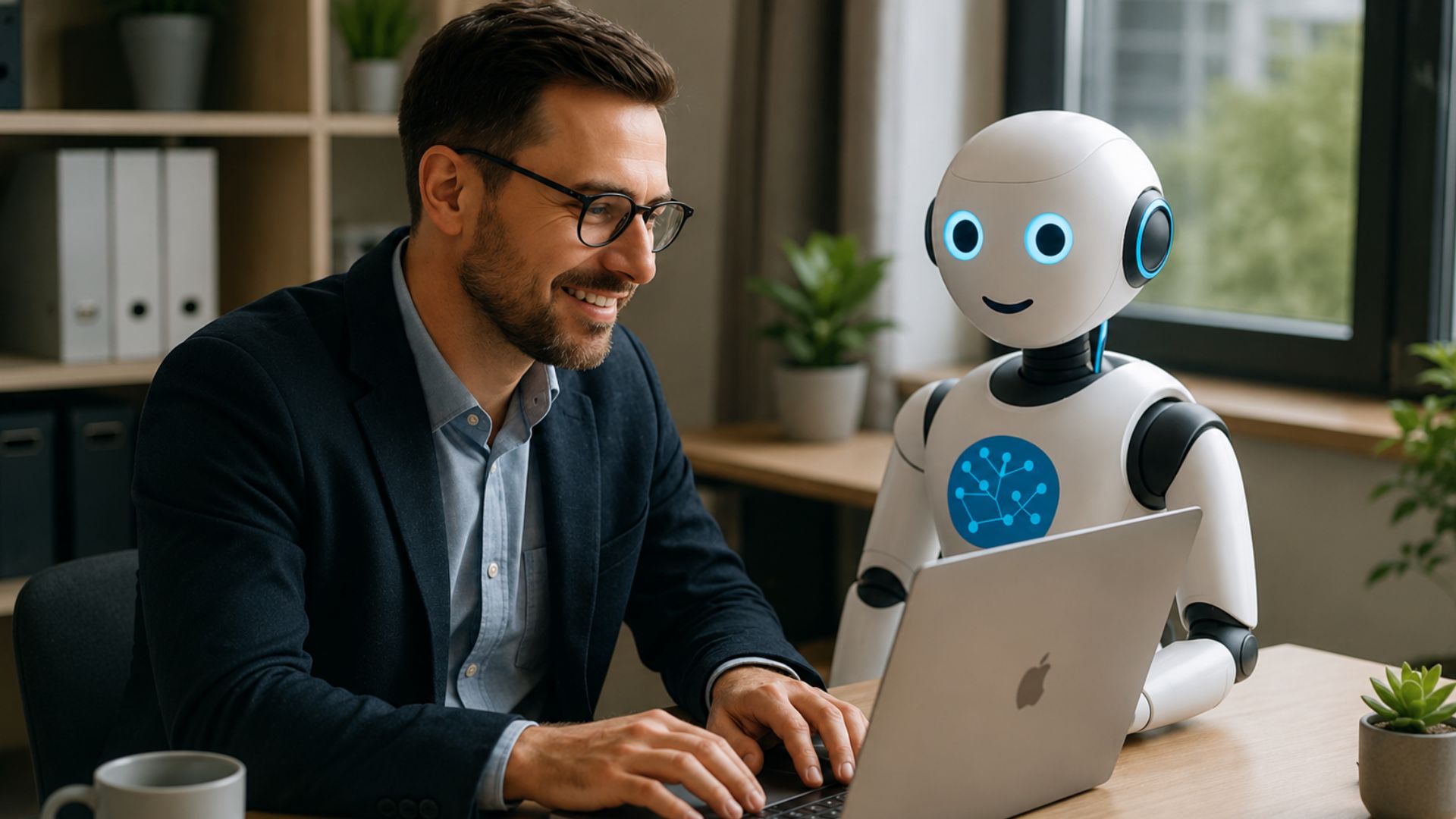 Professionnel de l’immobilier travaillant avec un assistant d’intelligence artificielle, illustrant les modules IA intégrés à Immomig® pour automatiser les tâches quotidiennes.