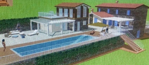 Poolbereich mit Haupthaus und Anbau im Hintergrund Poolbereich mit Haupthaus und Anbau im Hintergrund