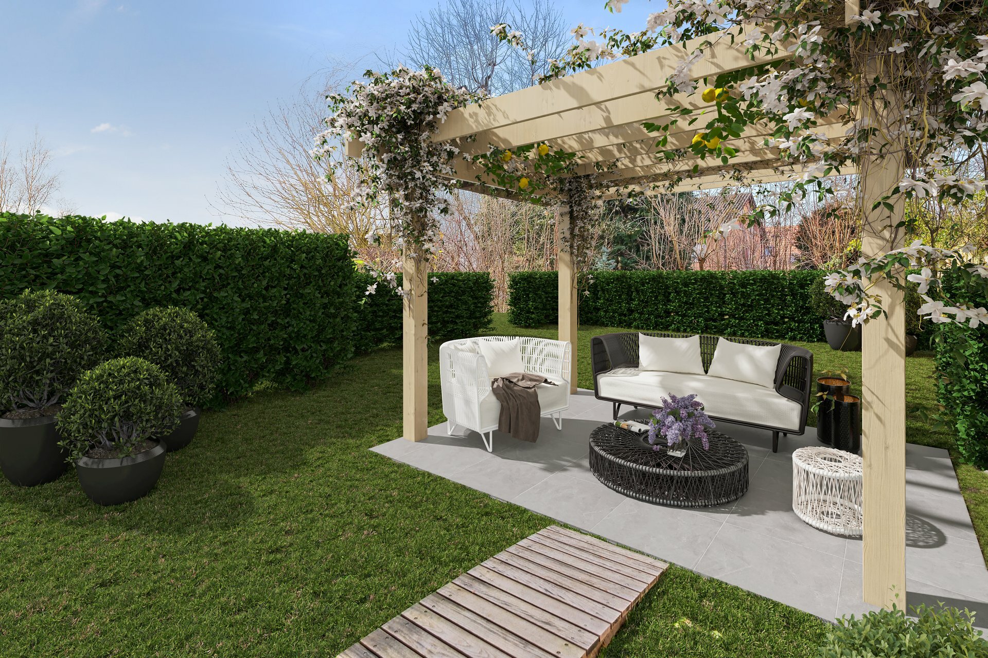 Gartenseite mit Pergola (Visualisation)