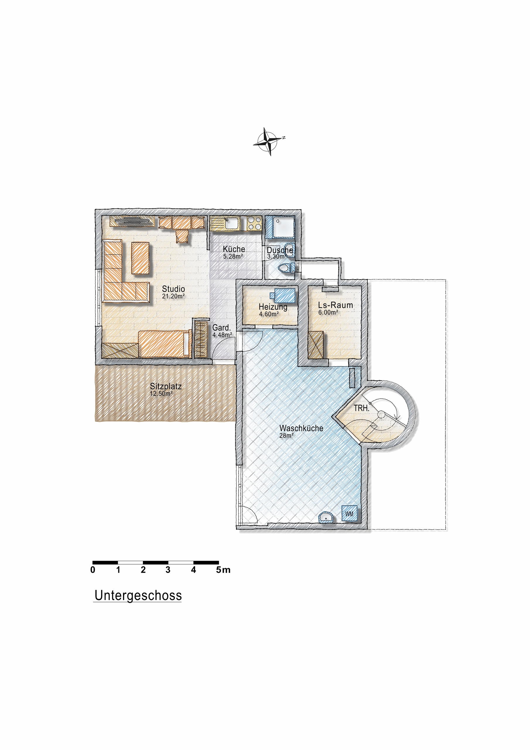 Plan Untergeschoss: Studio und Waschküche.