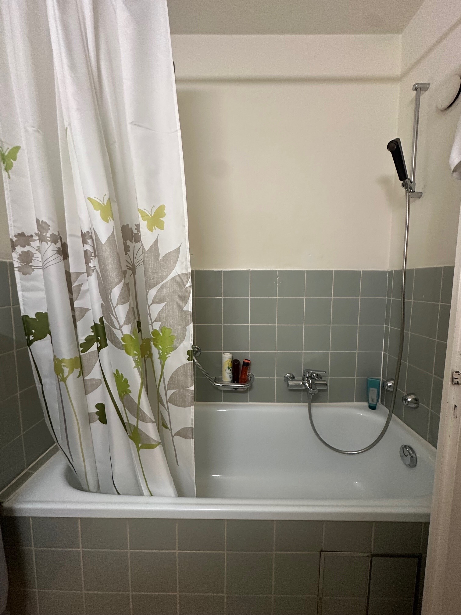 a small bathroom with a tub and shower with a white shower curtain