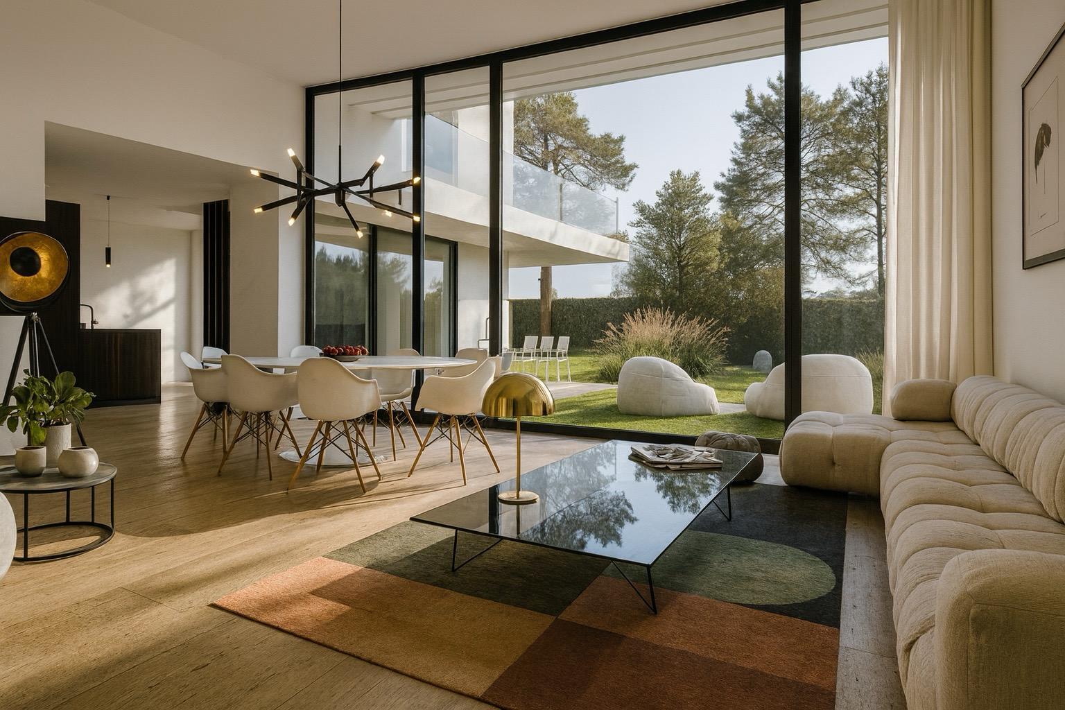 maison moderne avec de grandes fenêtres et des meubles blancs dans le salon