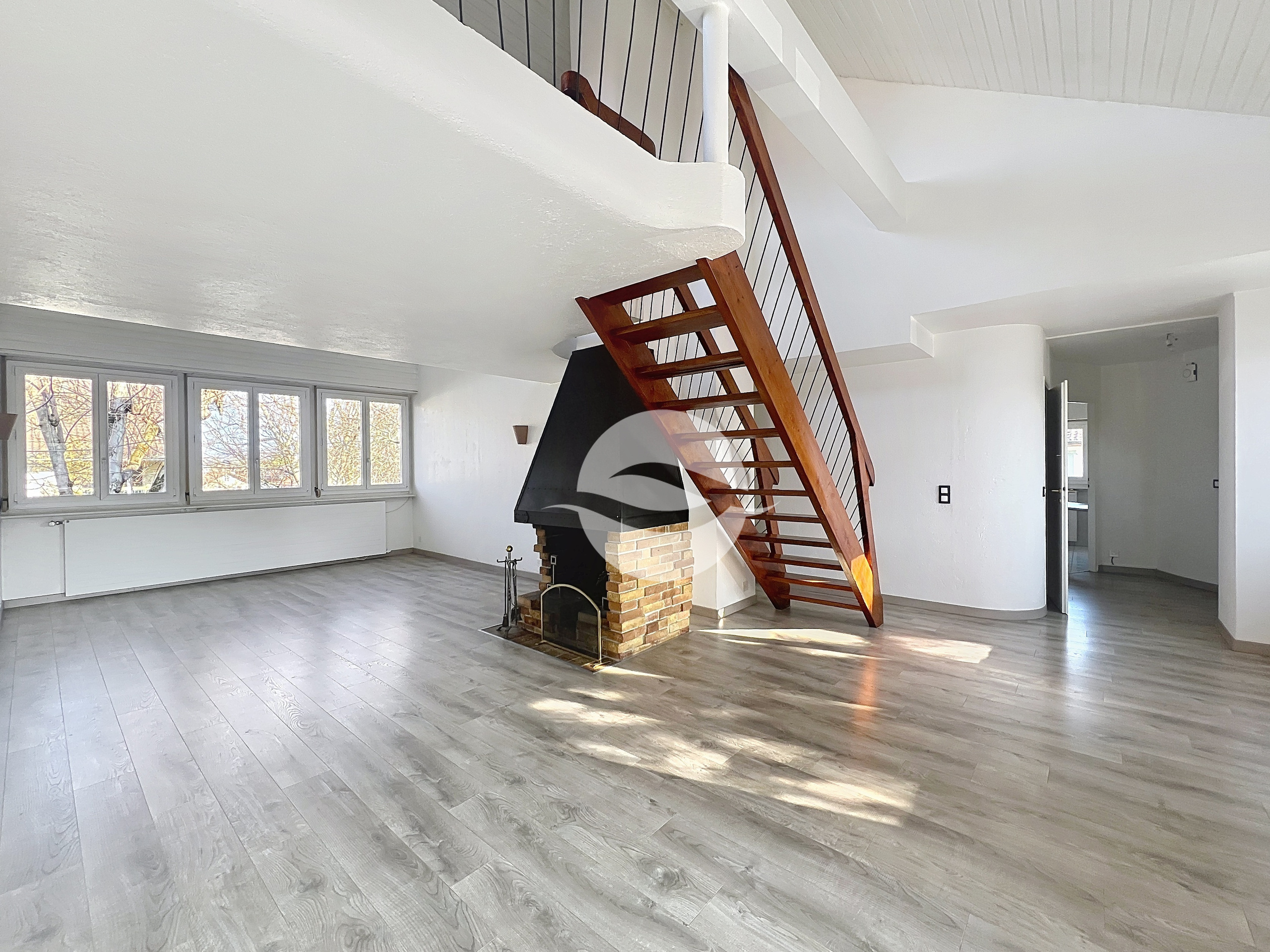 Pièce de vie avec cheminée fonctionnelle et mezzanine