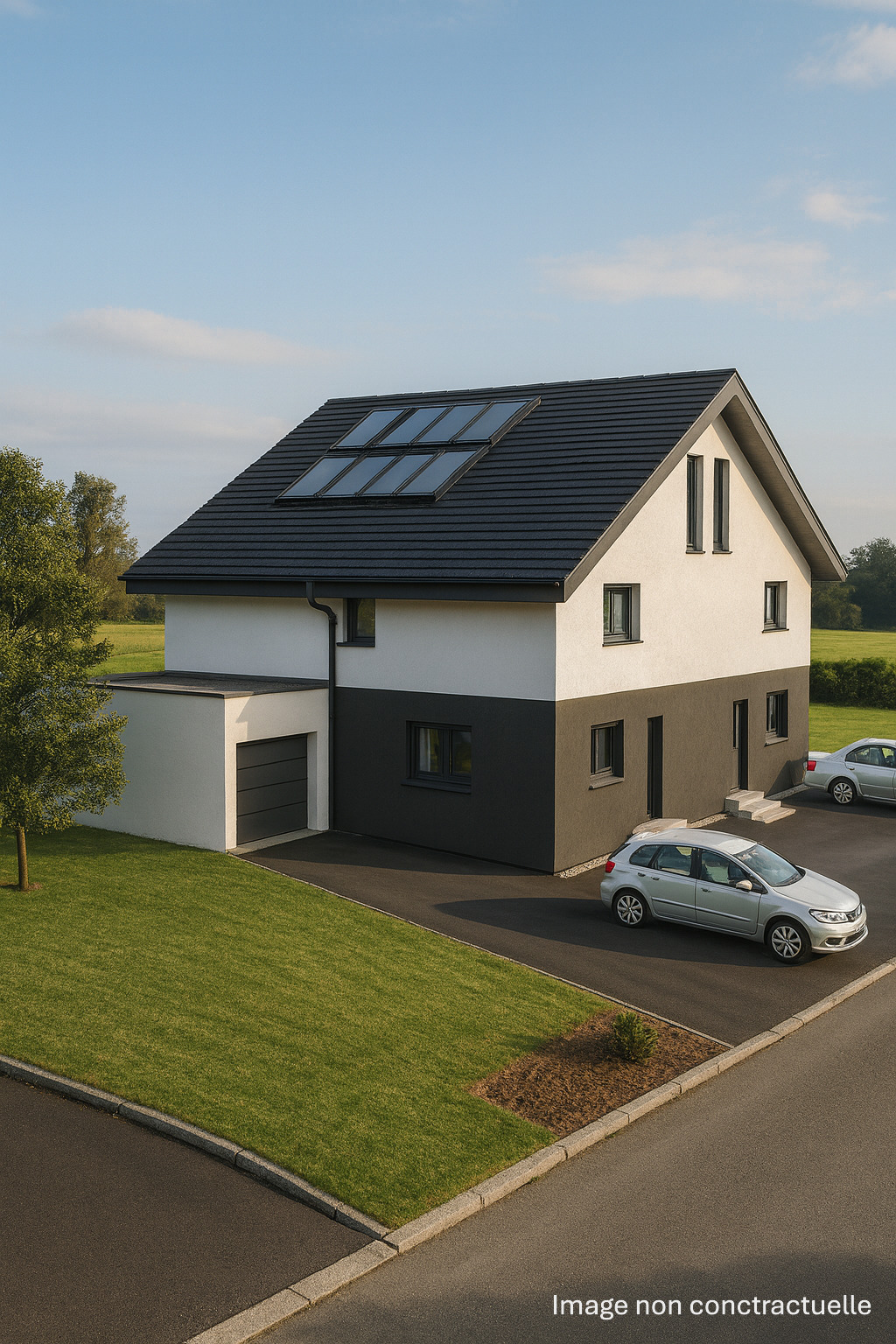 a modern home with a large garage and solar panels on the roof