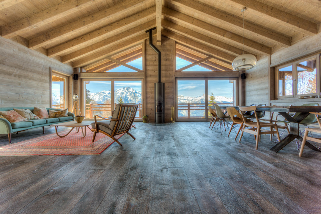 Chalet Spitzenqualität Verkauf Bewilligung Zweitwohnung 4 Vallées Nendaz-Vente Immobilier Wohnzimmer Holz Parkett Panoramafenster