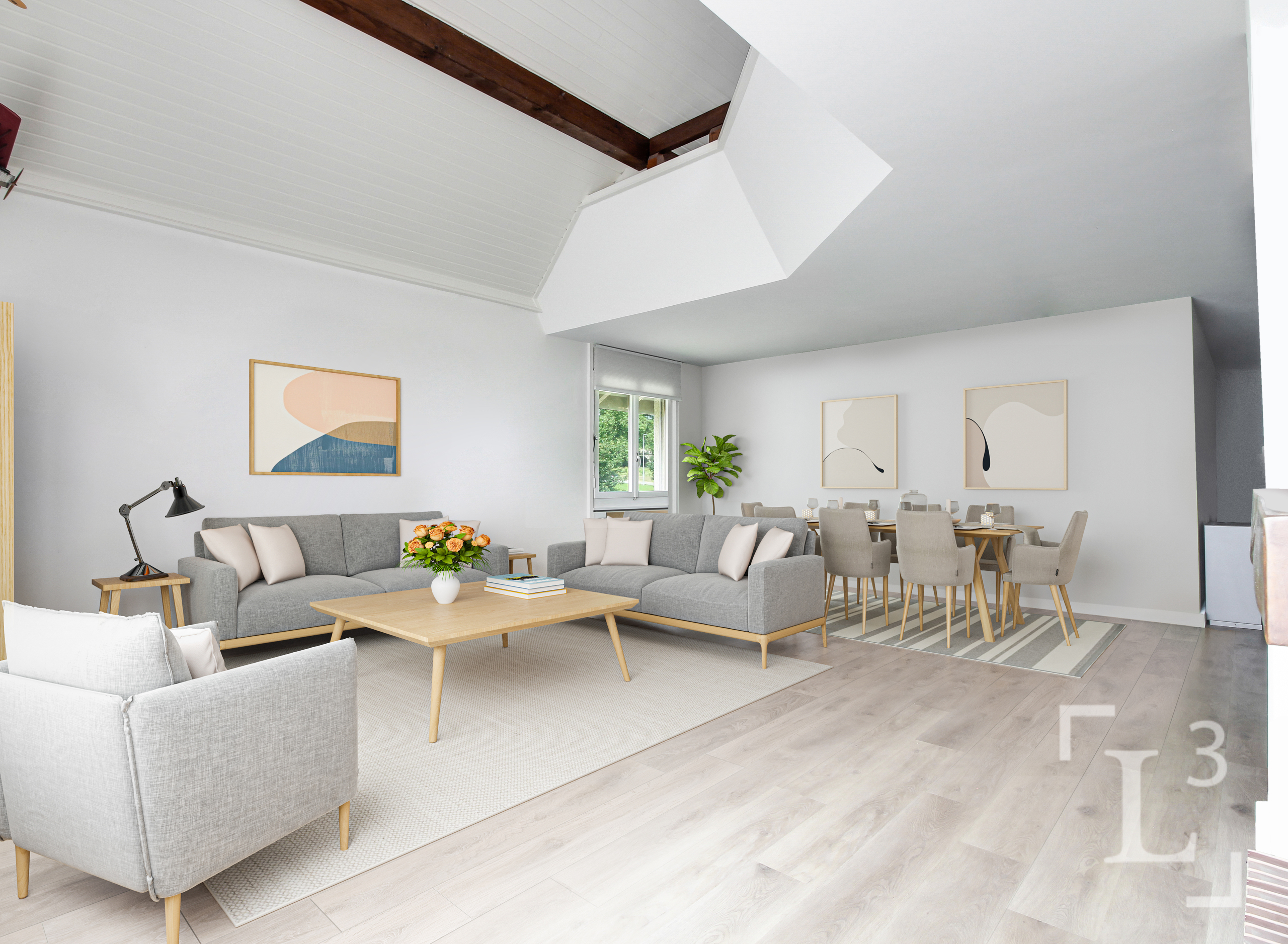 Home staging : Séjour avec cheminée et vue lac (Rez)