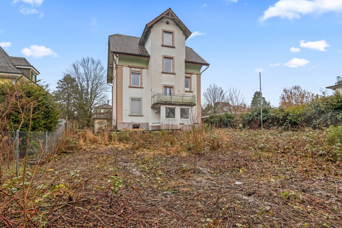 Rückansicht mit Gartenfläche und unterschiedlichen Vegetationen.