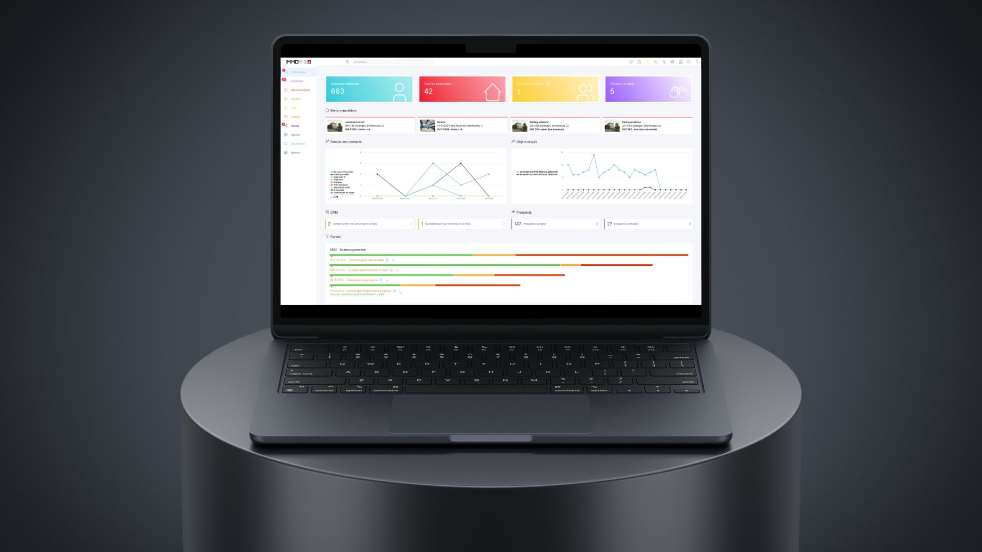 Preview of the new Immomig® X dashboard on a laptop, real estate management and marketing software designed for property professionals.