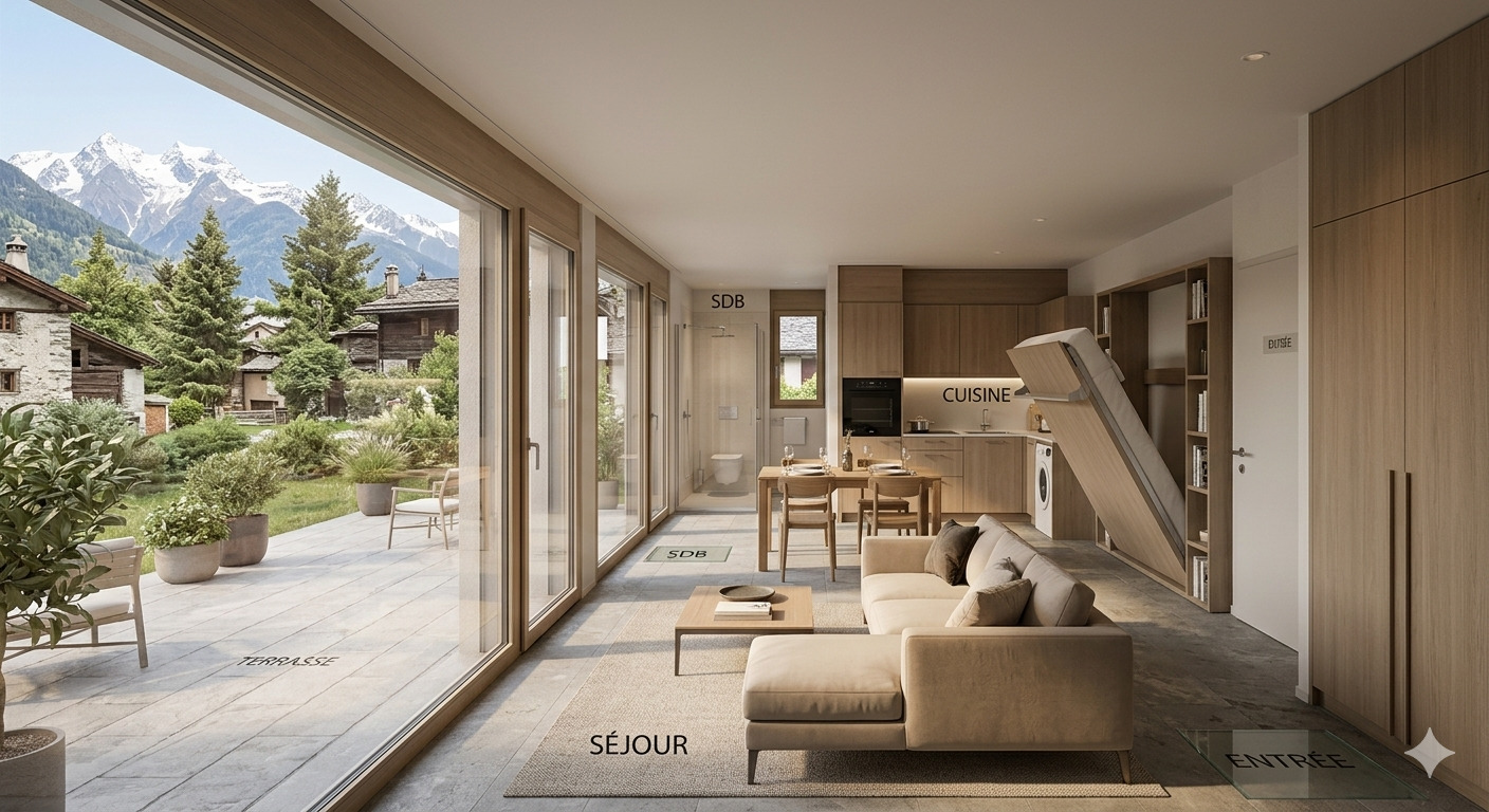 une maison moderne avec de grandes portes coulissantes en verre ouvrant sur un salon et une cuisine avec vue sur les montagnes