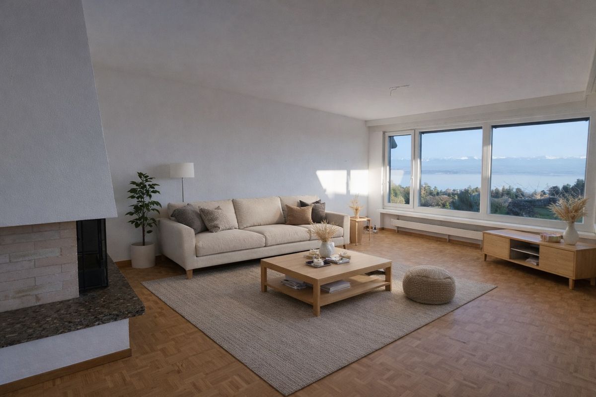 Salon avec grande fenêtre et cheminée offrant une vue panoramique.