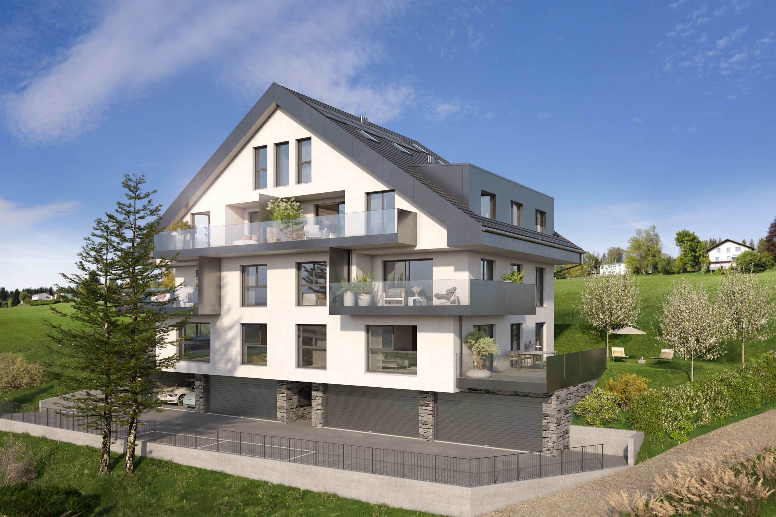 une maison moderne avec un grand balcon par une journée ensoleillée une maison moderne avec un grand balcon par une journée ensoleillée