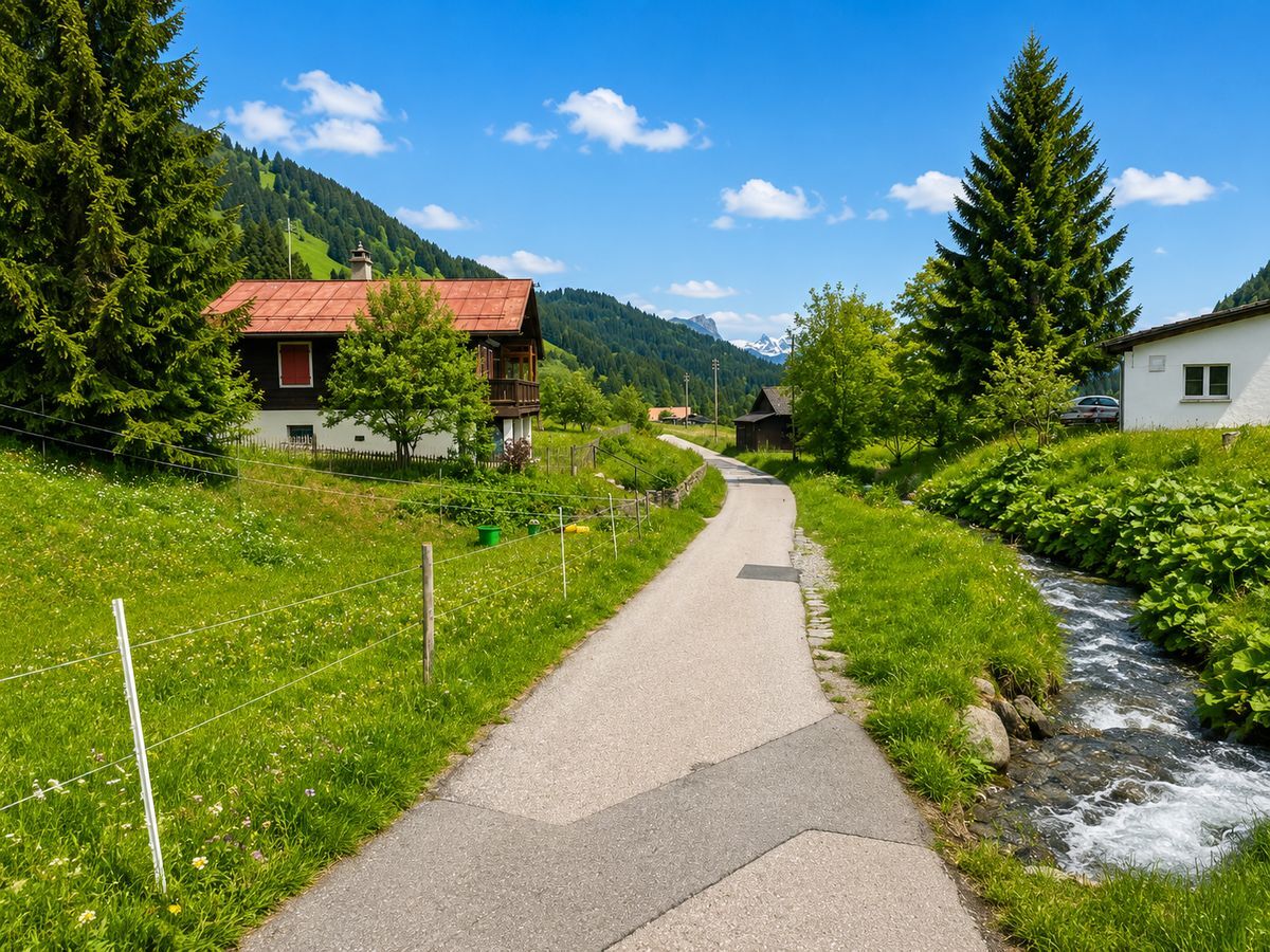 Avec un chemin entouré de verdure et un ruisseau Avec un chemin entouré de verdure et un ruisseau