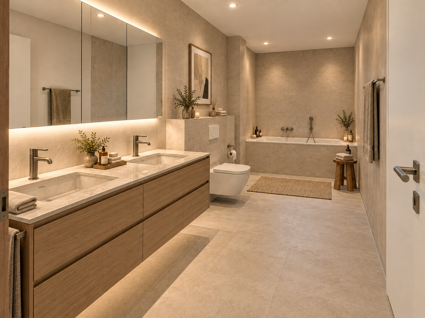 Badzimmer mit Doppellavabo, WC und Badewanne