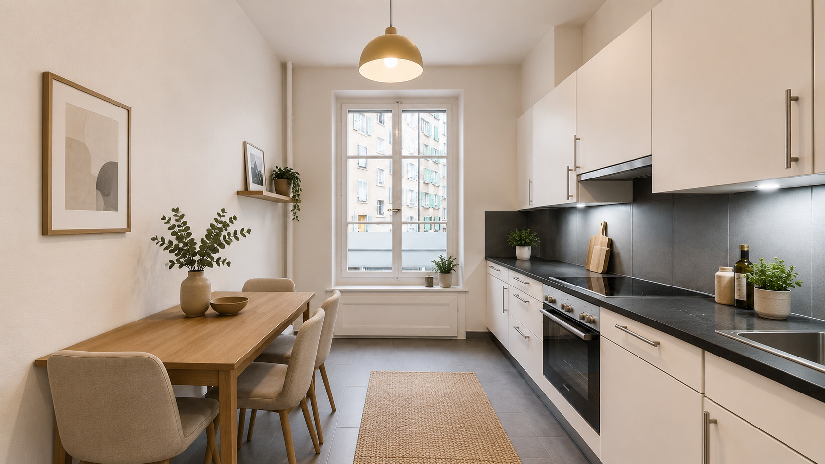 a small kitchen with white cabinets and a wooden table with black chairs a small kitchen with white cabinets and a wooden table with black chairs