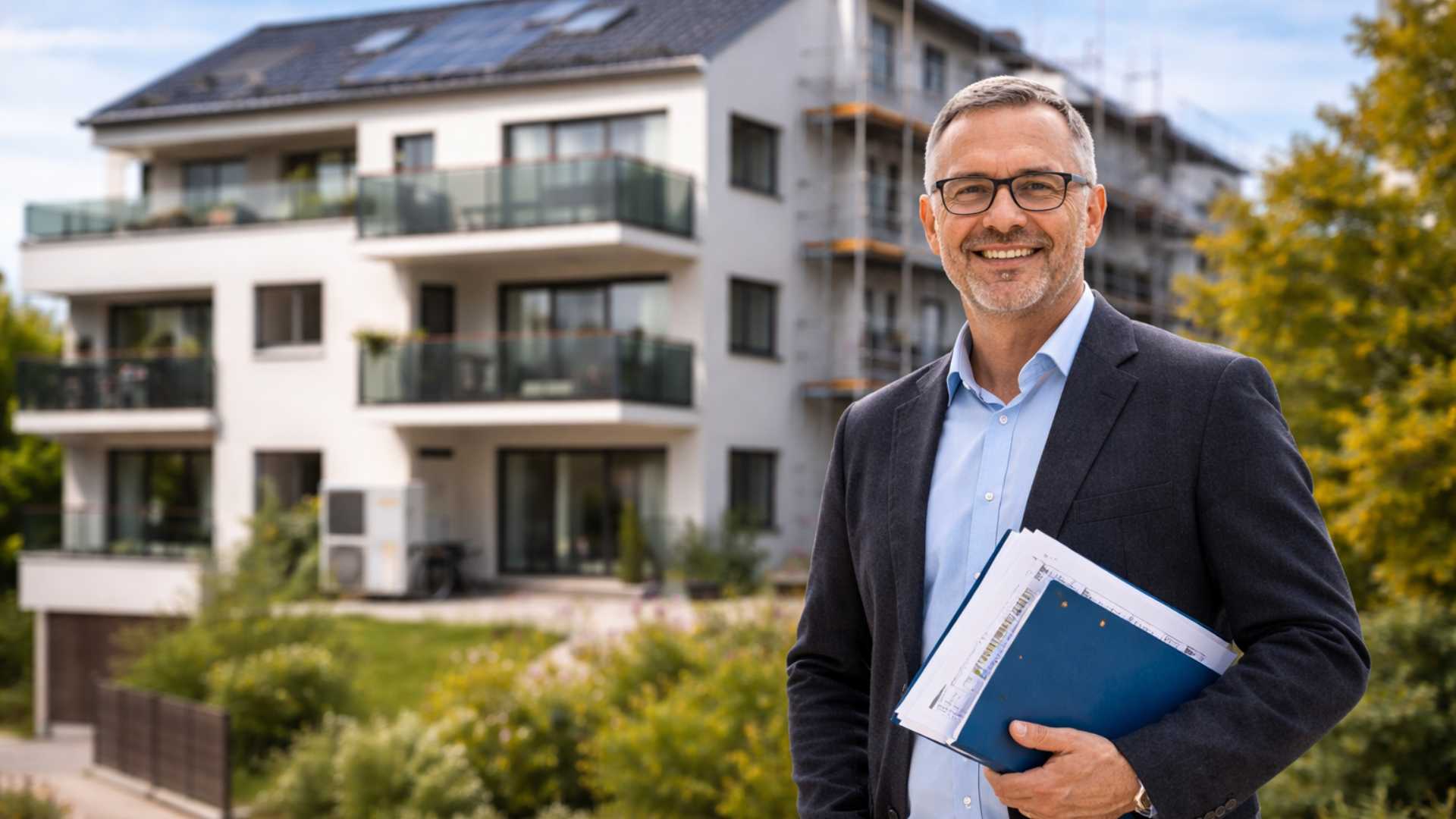 Homme d’affaires tenant un dossier devant un immeuble résidentiel moderne en Suisse, symbolisant l’investissement immobilier locatif et la gestion d’un objet de rendement.