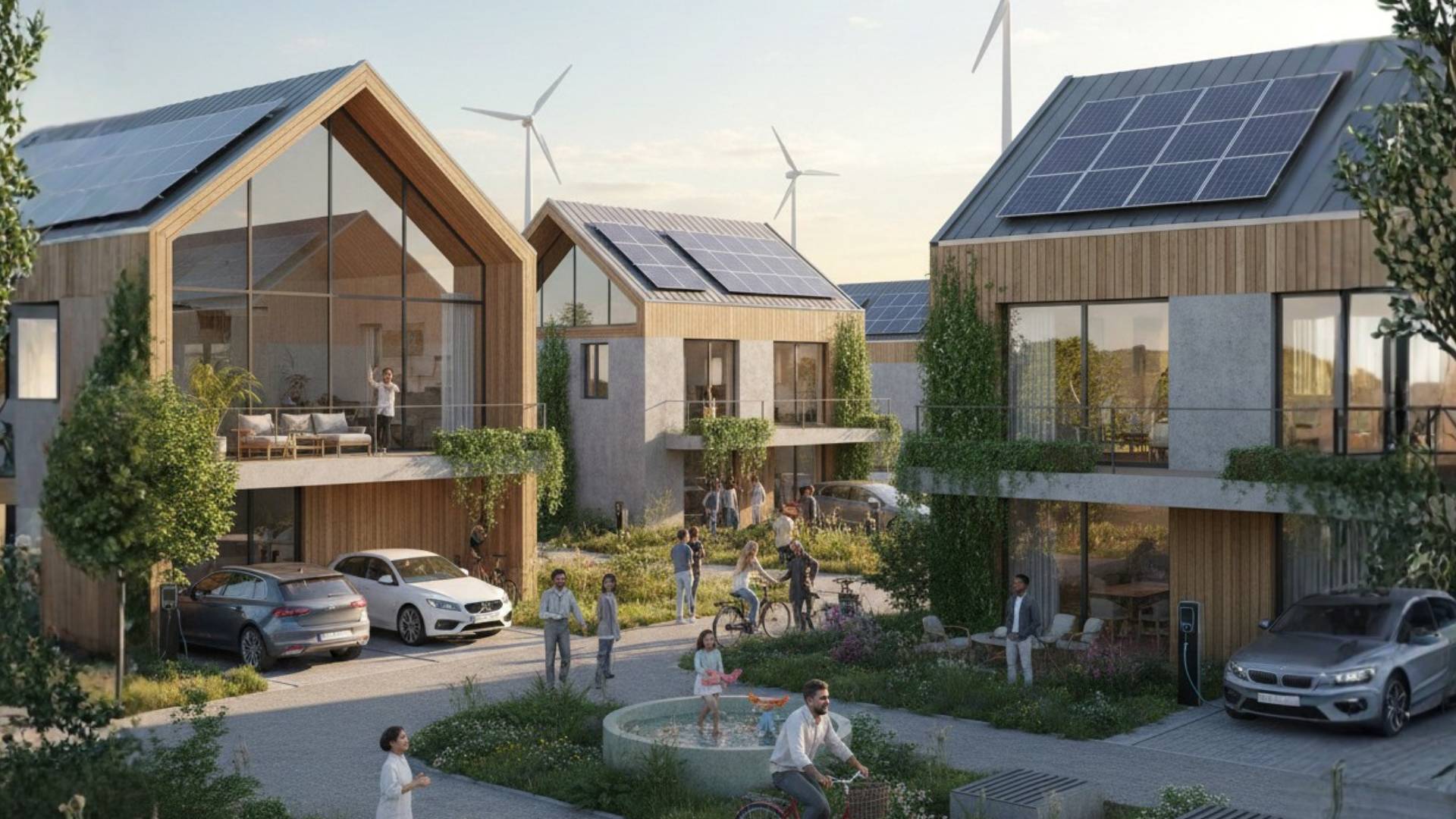 Sustainable residential neighborhood with high-performance energy buildings, solar panels and renewable energy, illustrating the impact of the energy transition on the value of real estate in Switzerland.