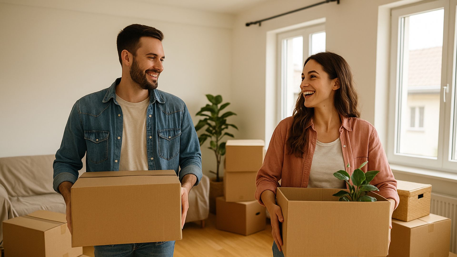 Lächelndes junges Paar mit Umzugskartons in einer Wohnung als Symbol für die Mieterauswahl und das Risiko durch Mietnomaden.