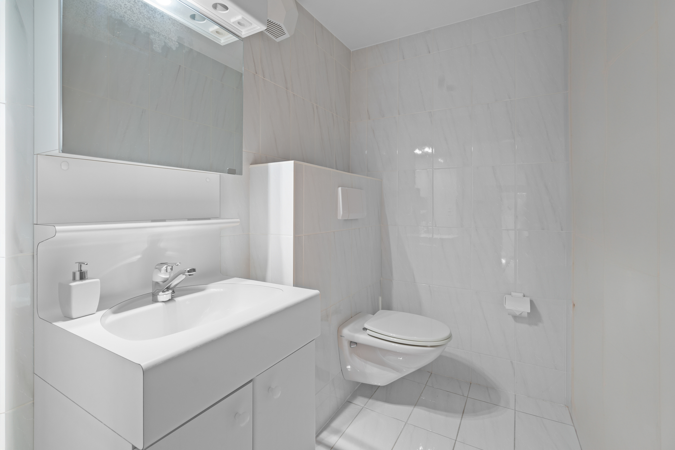 une salle de bains avec toilettes, lavabo et miroir une salle de bains avec toilettes, lavabo et miroir