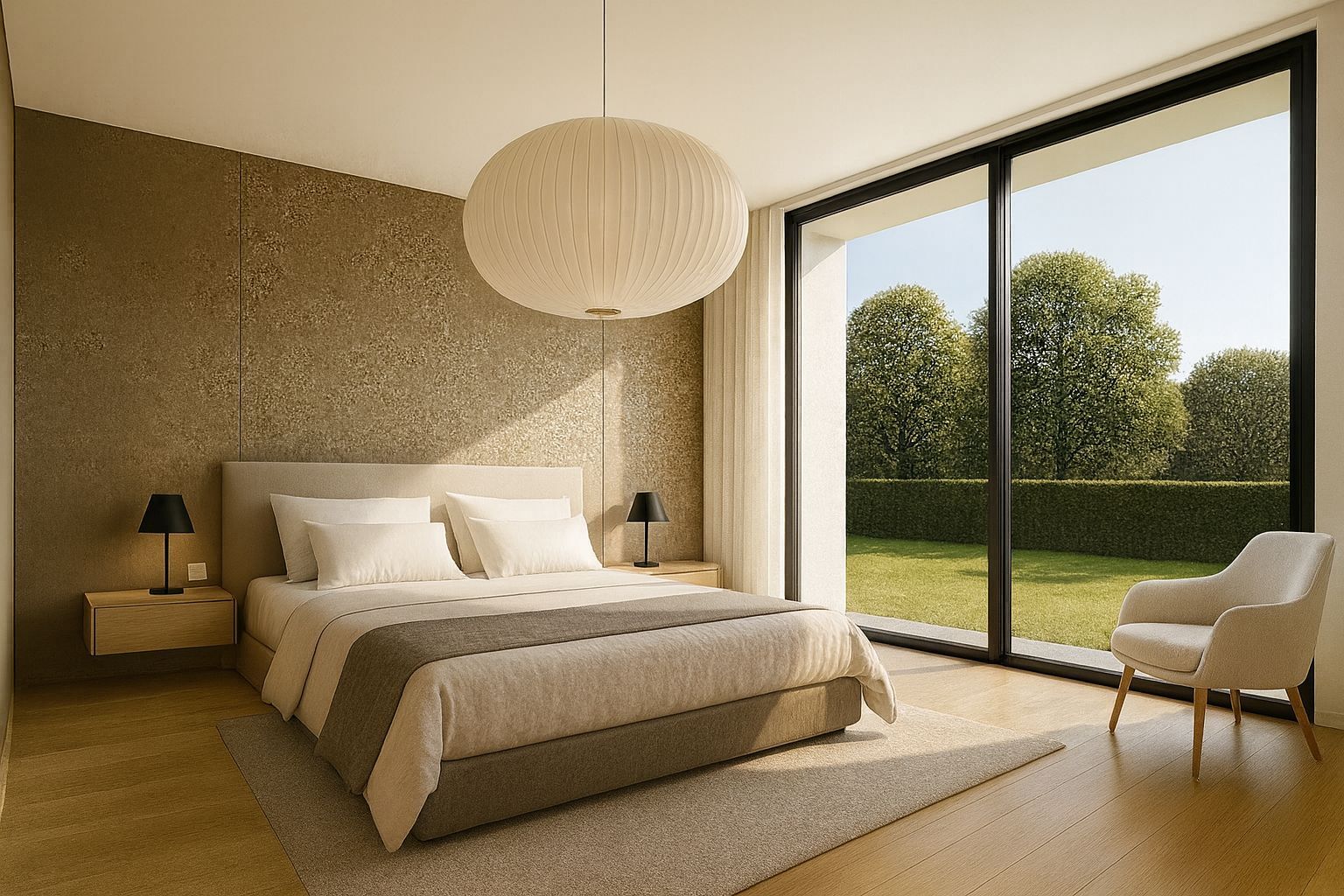 une chambre à coucher moderne avec un lit blanc, une grande fenêtre et une porte coulissante en verre qui mène à un balcon