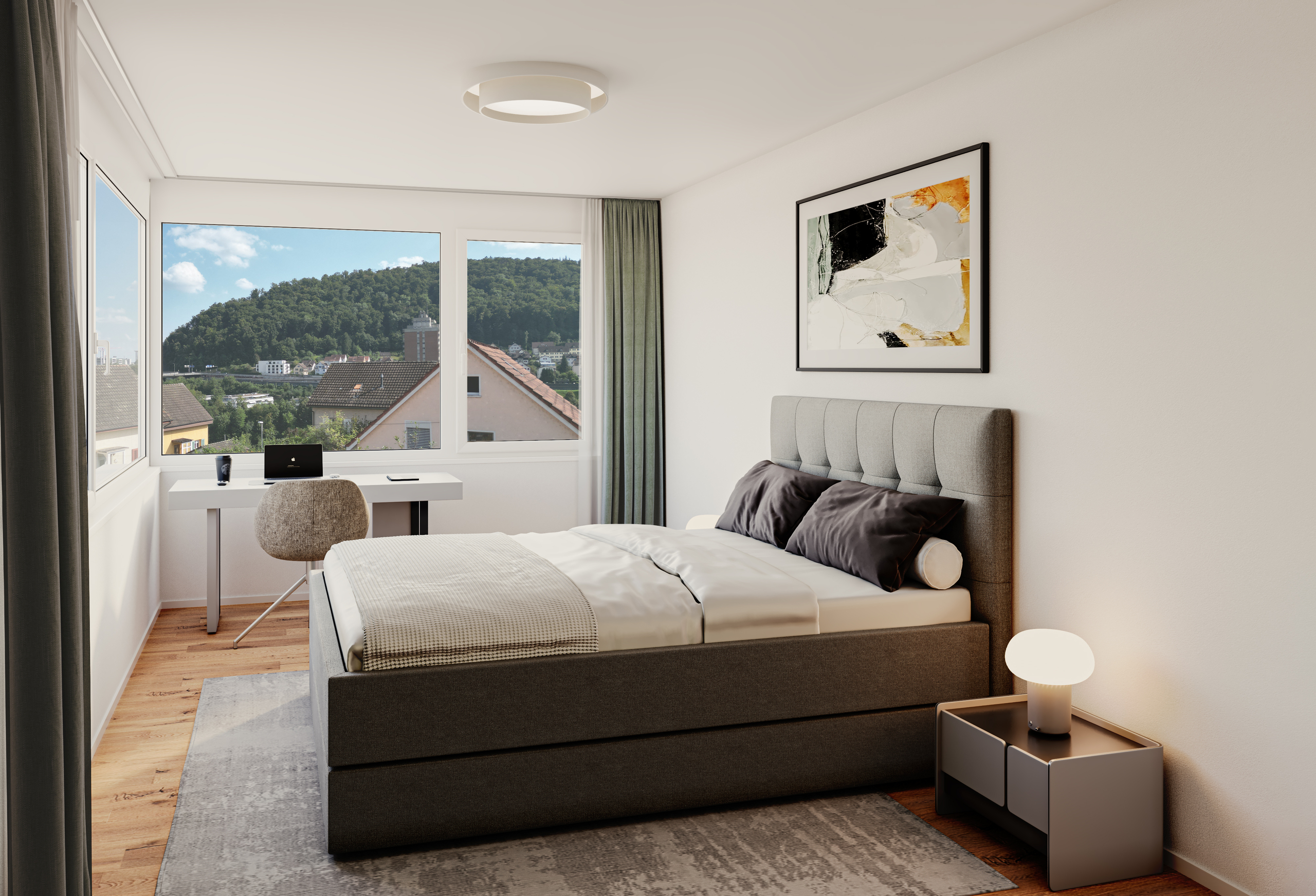 Zimmer mit Schlafbereich und Arbeitsplatz
