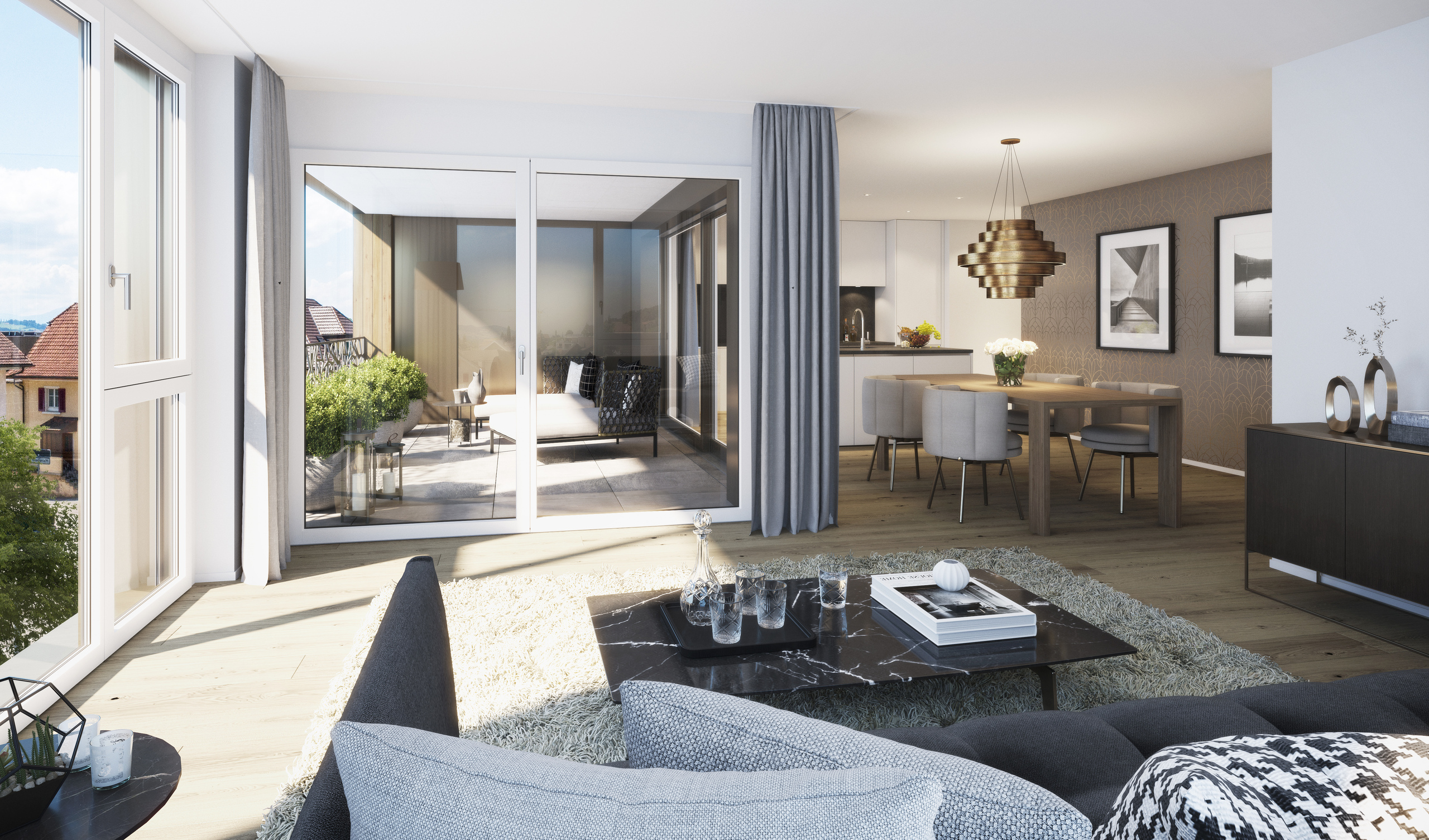 Sicht vom Wohnzimmer Richtung Küche mit Kochinsel