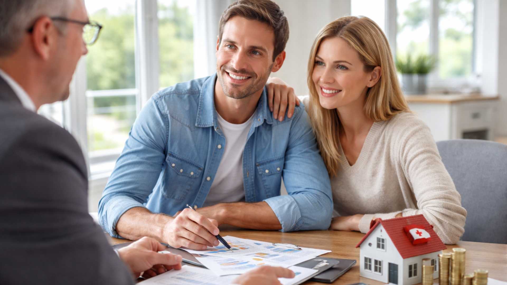 Swiss couple meeting with a financial advisor to discuss a home mortgage, with documents, a calculator and a house model on the table.