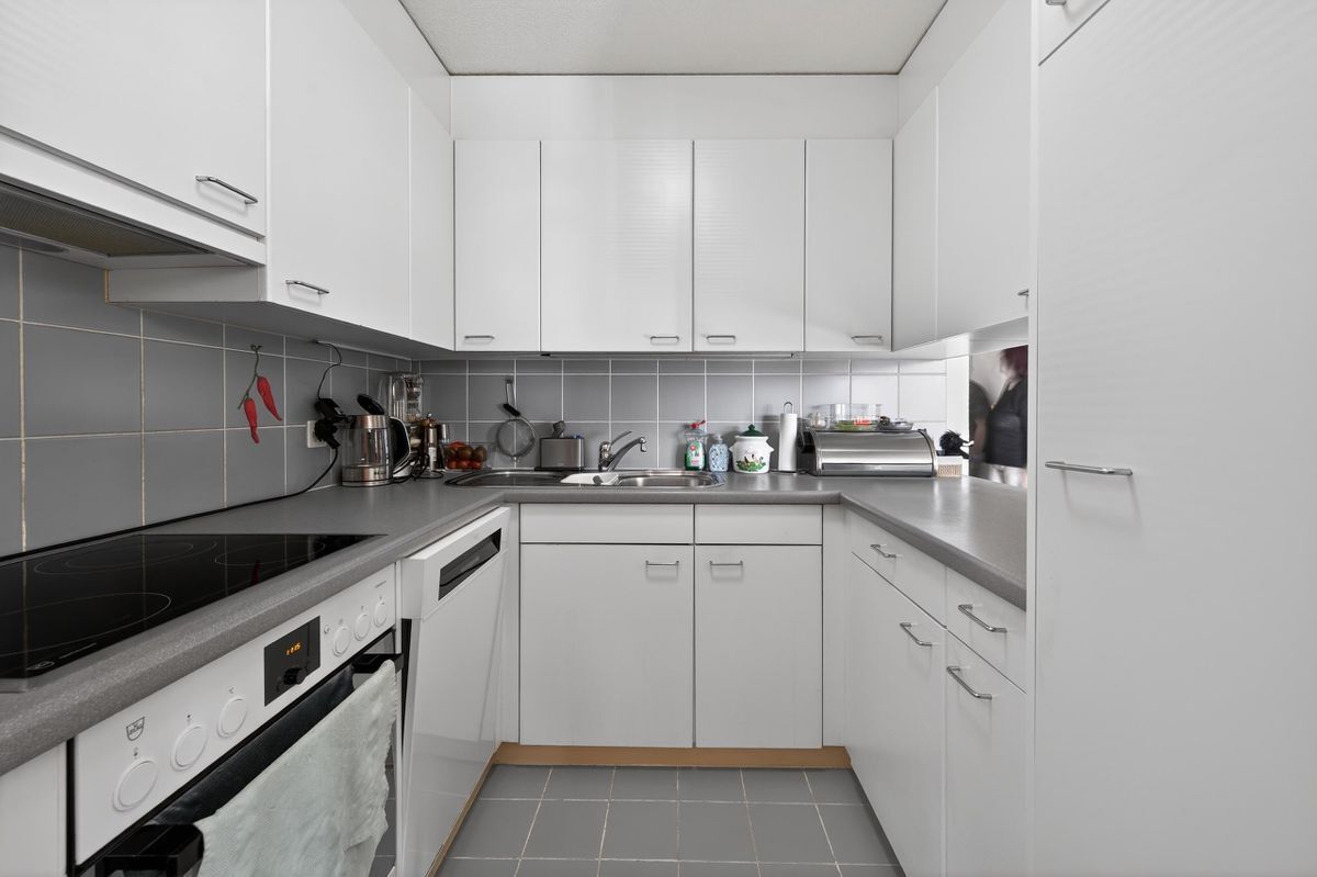 Moderne Küche mit eleganten Schränken und integrierten Geräten. Moderne Küche mit eleganten Schränken und integrierten Geräten.