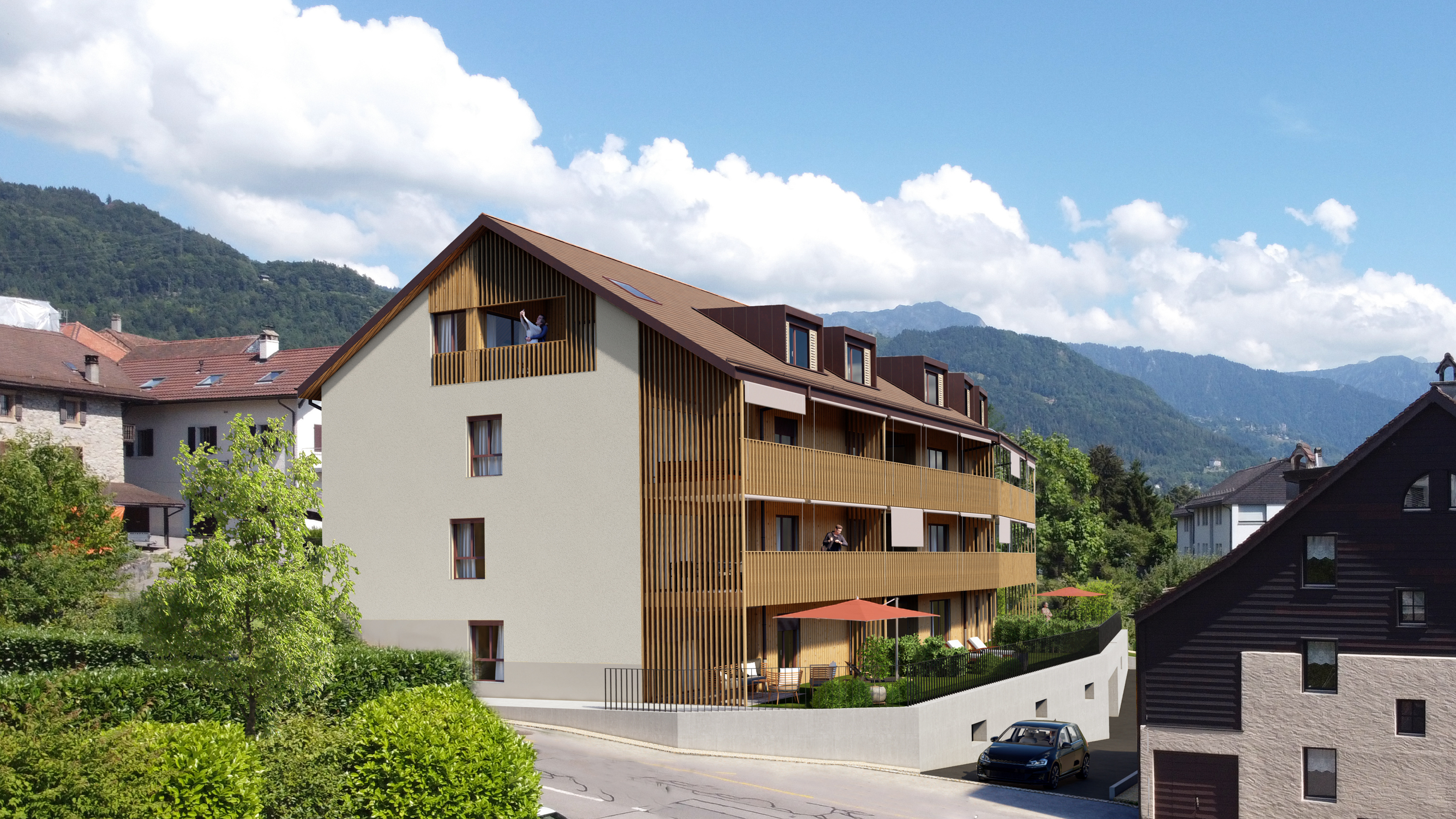 Projet immobilier avec appartements à vendre à St-Légier : image 3D extérieur.