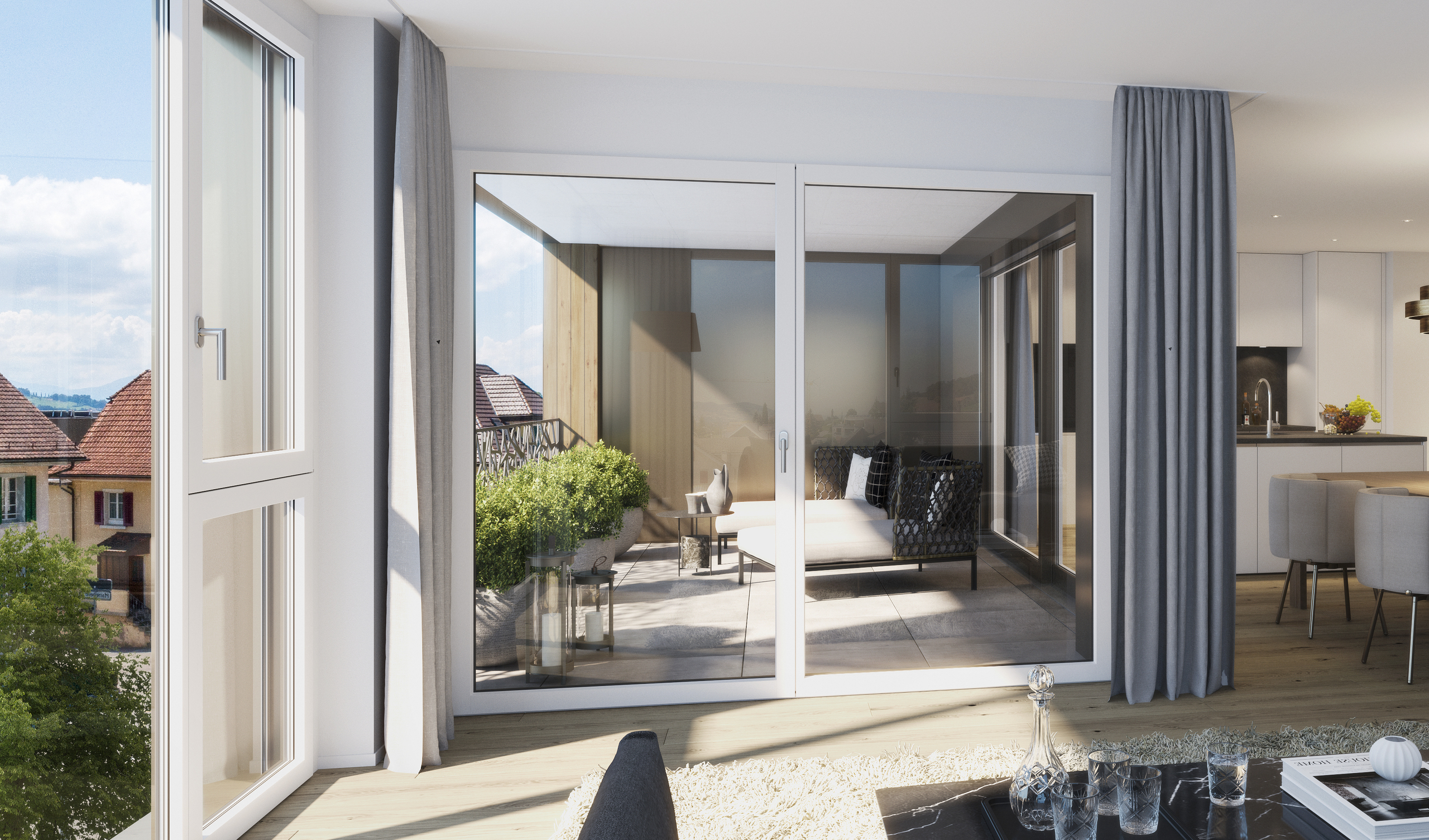 Die grosszügige, gedeckte Loggia mit ihrer Fläche von 16 m² ist ein absoluter Traum!