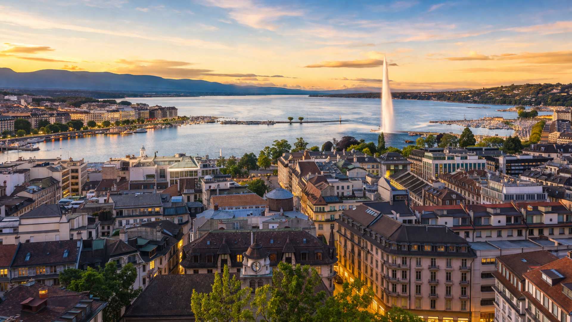 Vue panoramique de Genève au coucher du soleil avec le lac Léman, le Jet d’Eau et les toits urbains au premier plan.