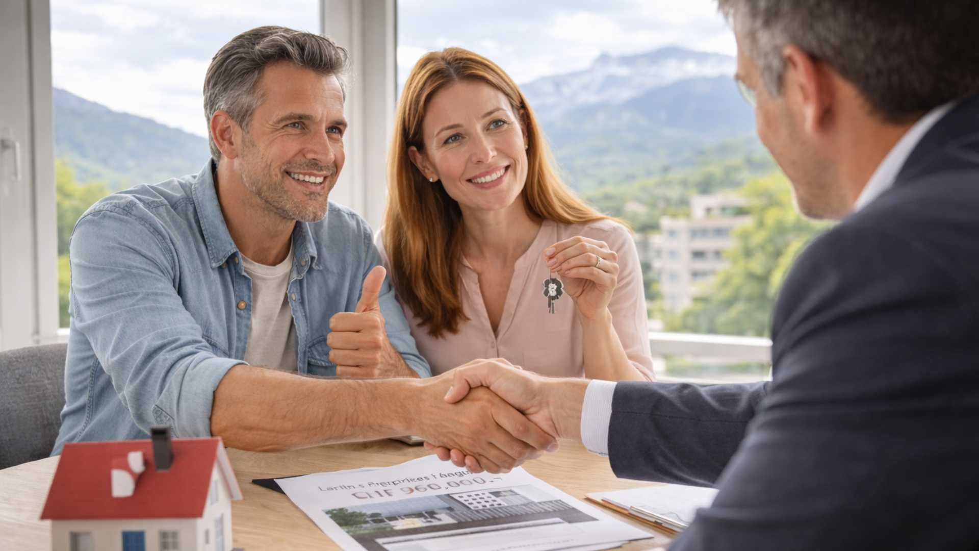 Lächelndes Paar, das einem Immobilienmakler in einem hellen Büro die Hand schüttelt und damit den erfolgreichen Abschluss einer Immobilienverhandlung in der Schweiz symbolisiert.