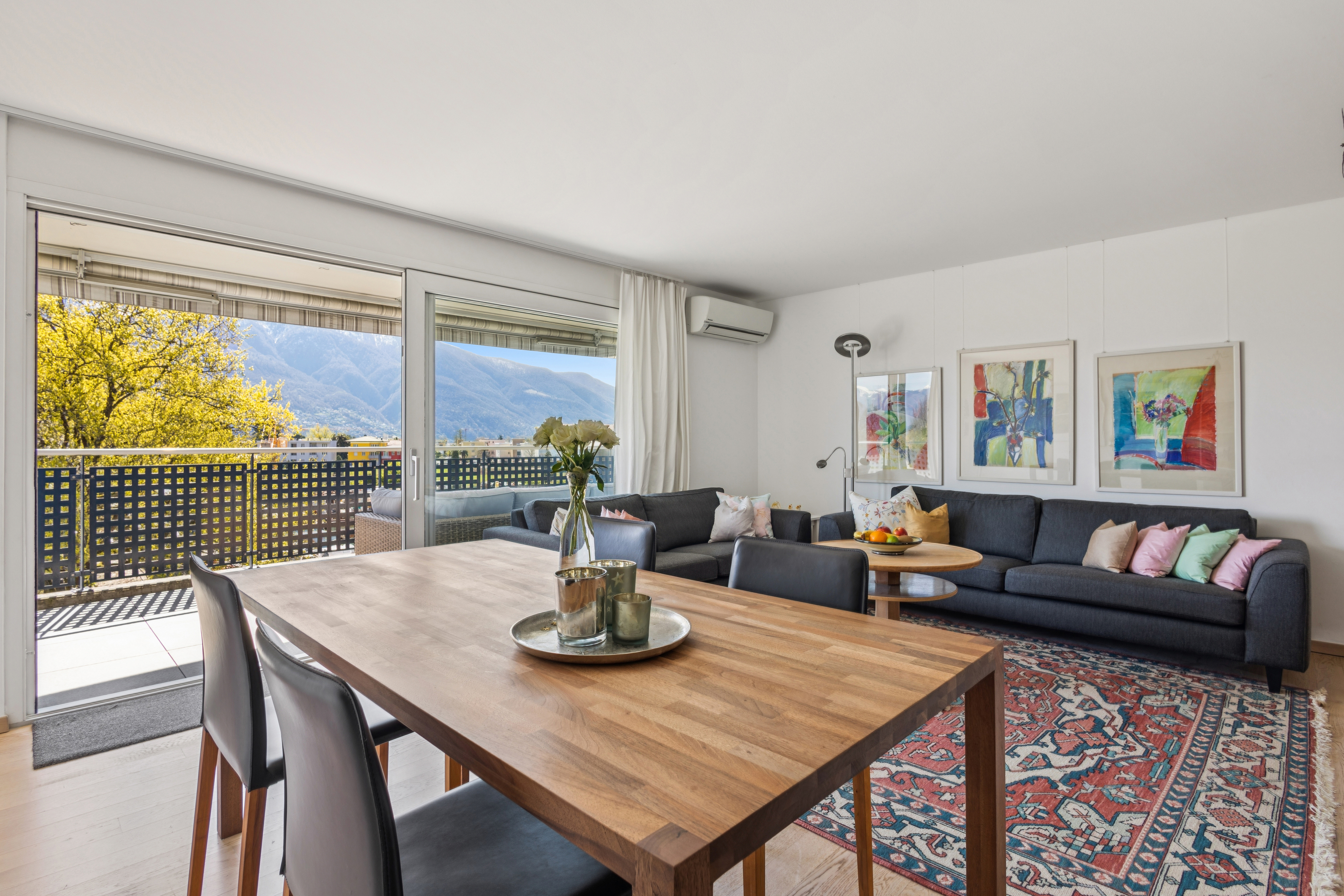 Soggiorno climatizzato con vista sulla terrazza e sul panorama montano