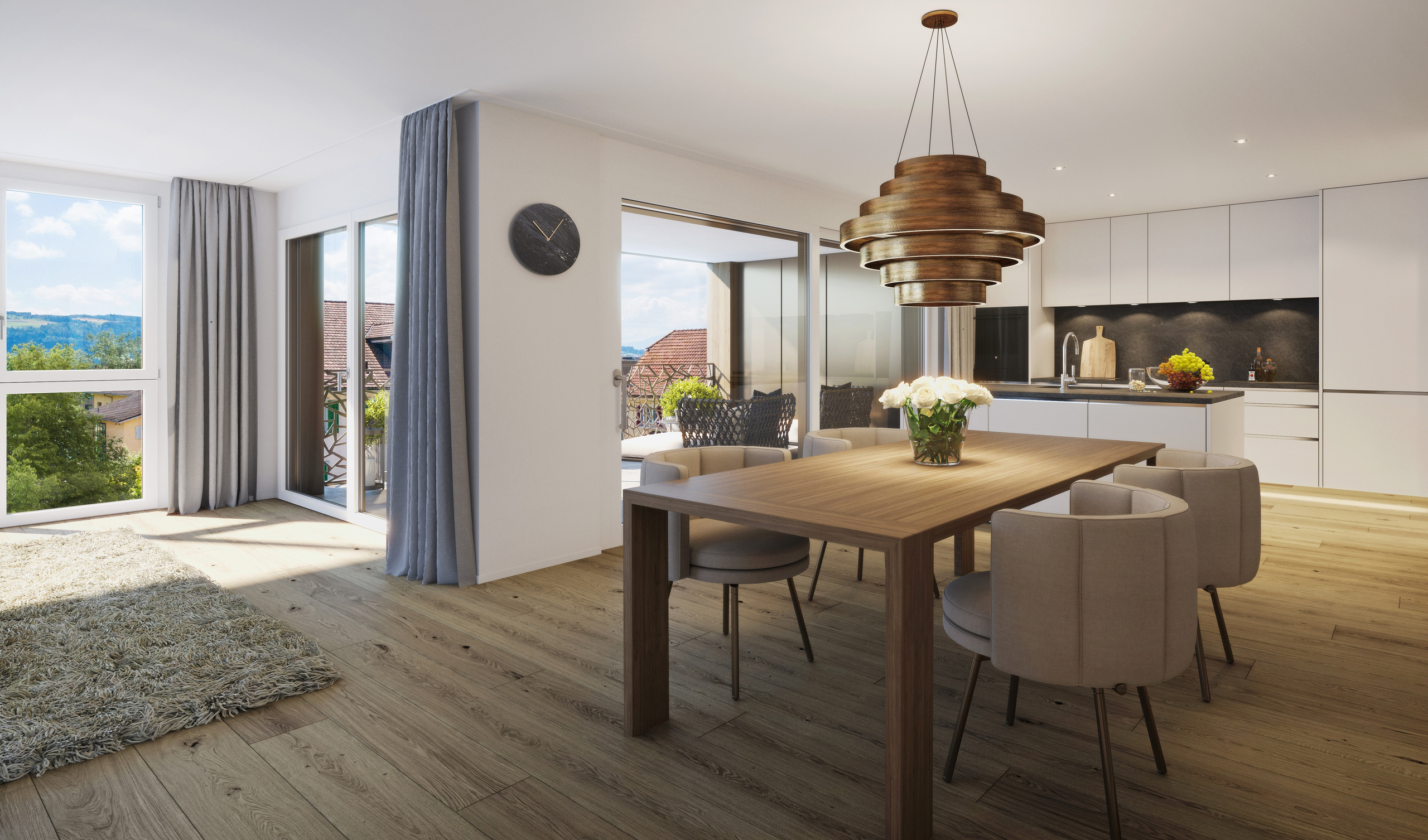 Hier erwartet Sie ein gemütlicher Essbereich mit Aussicht auf die Loggia!