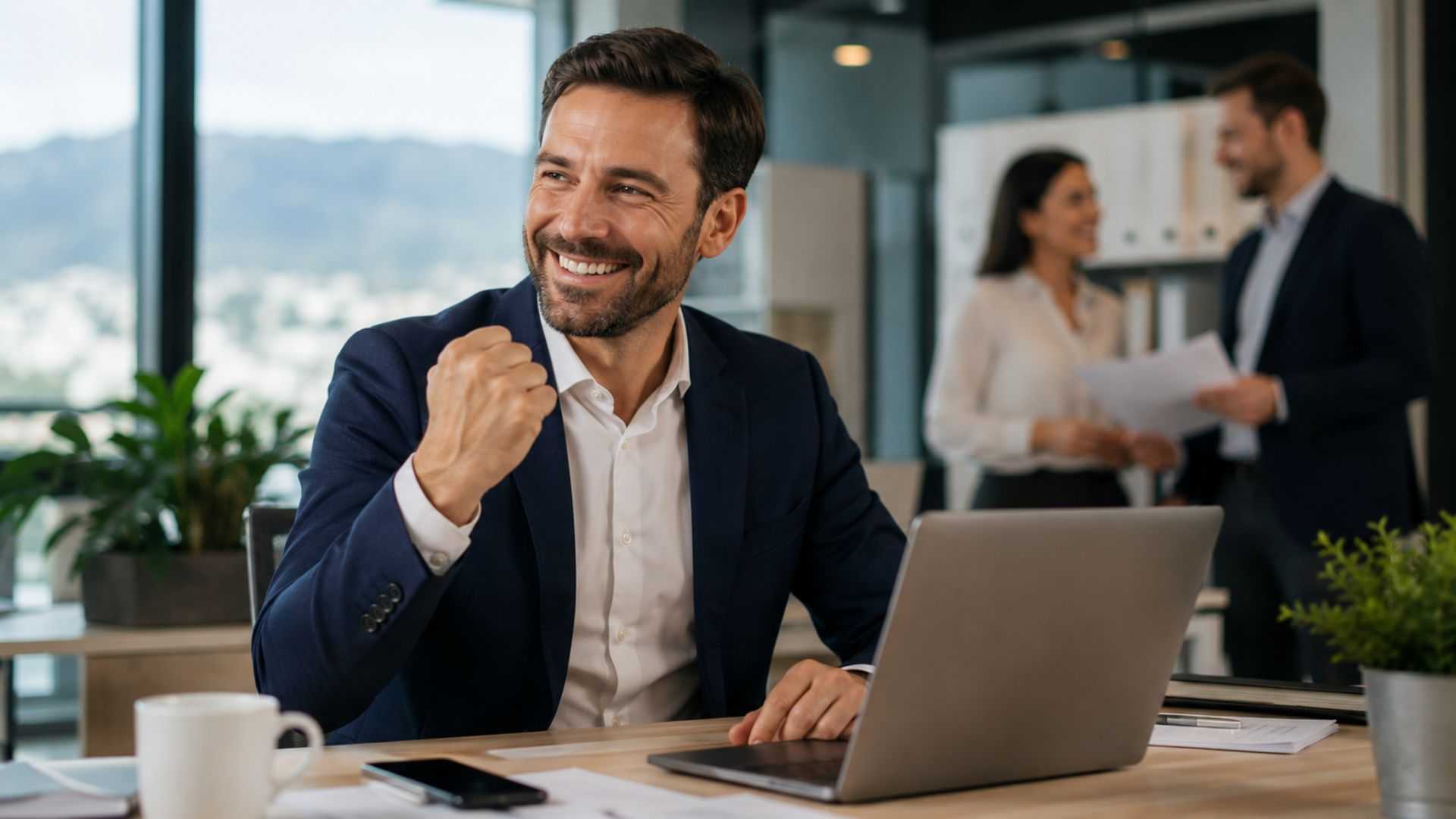 Agent immobilier souriant travaillant sur son ordinateur après le succès de la diffusion de ses annonces immobilières.