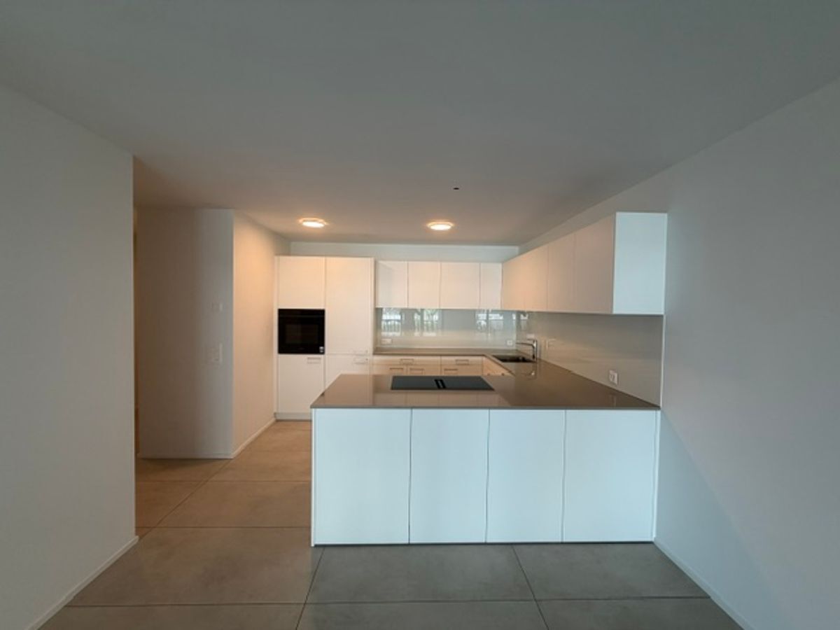 Moderne Einbauküche mit Kochinsel und weissen Schränken. Moderne Einbauküche mit Kochinsel und weissen Schränken.