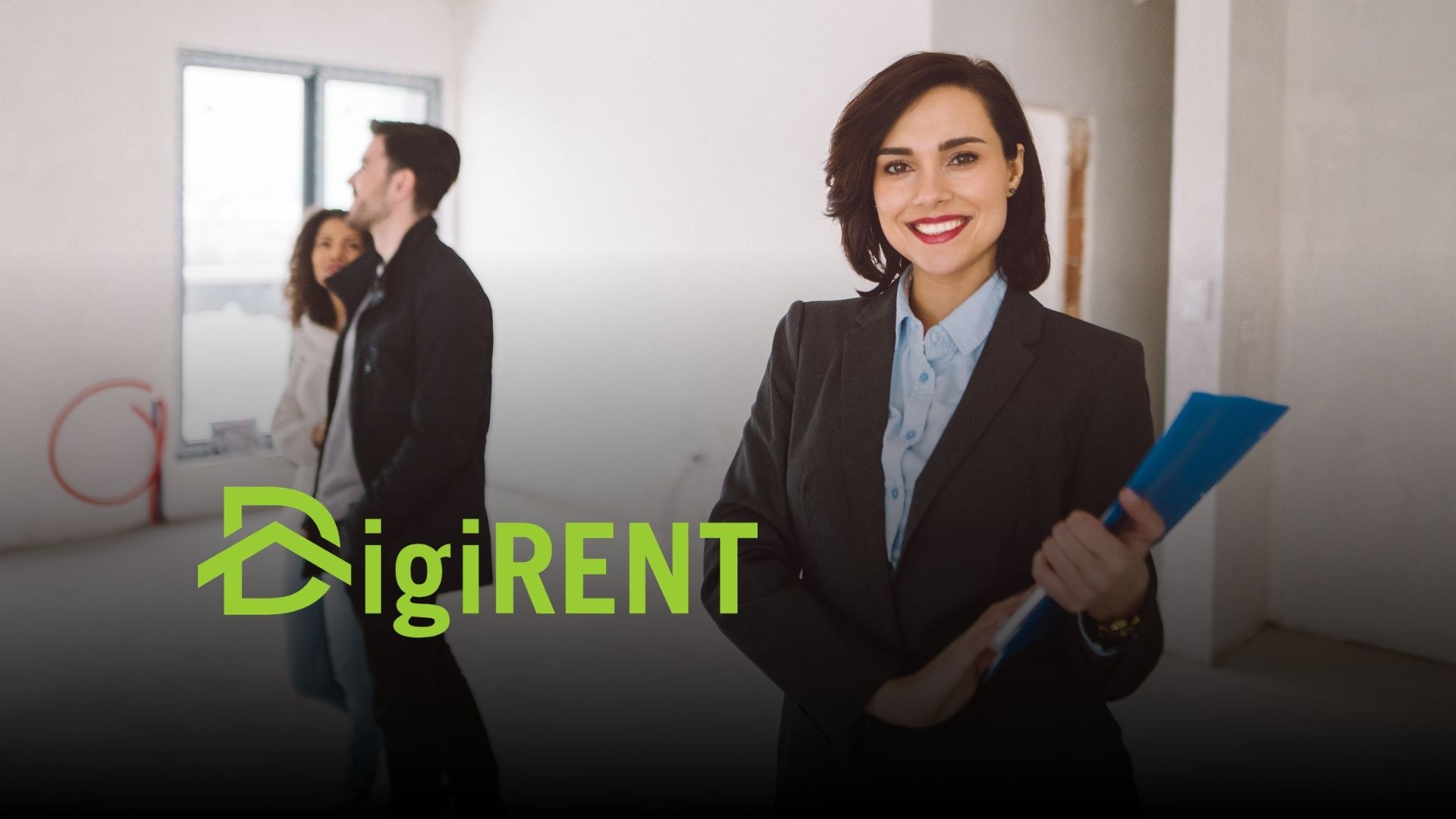 Real estate agent accompanying prospective tenants during an apartment viewing, illustrating the management of property viewings and rental applications with DigiRENT.