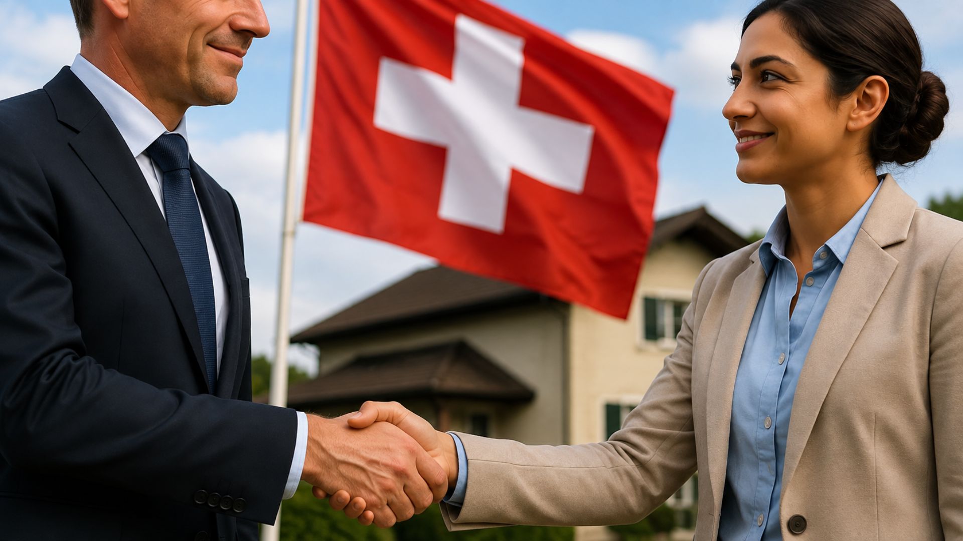 Professionnels de l’immobilier se serrant la main devant un drapeau suisse et un bien résidentiel, illustrant les investissements étrangers sur le marché immobilier suisse.