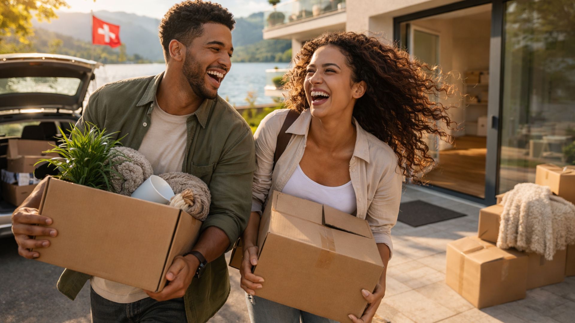 Smiling couple carrying moving boxes in front of a modern apartment in Switzerland