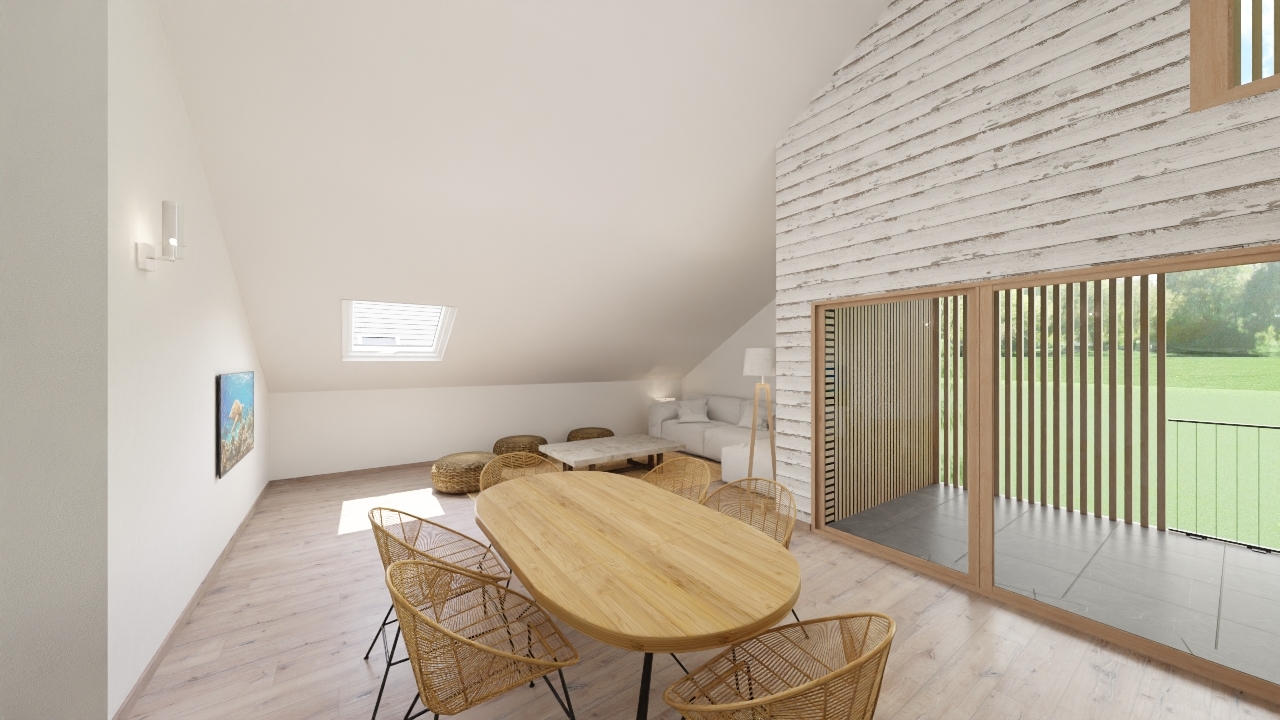 une maison blanche moderne avec une table et des chaises en bois et une grande fenêtre une maison blanche moderne avec une table et des chaises en bois et une grande fenêtre