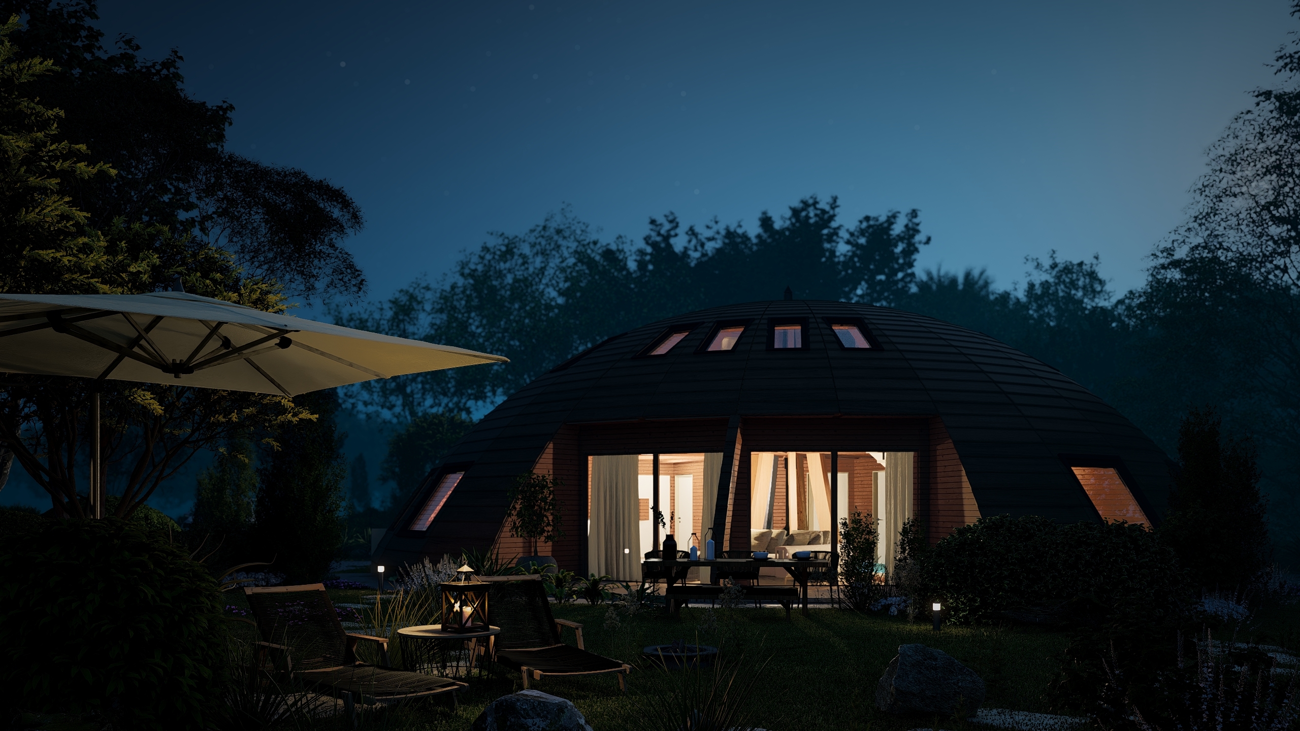 Projet immobilier à Villarimboud avec 2 maisons Domespace à vendre : l'extérieur de nuit.