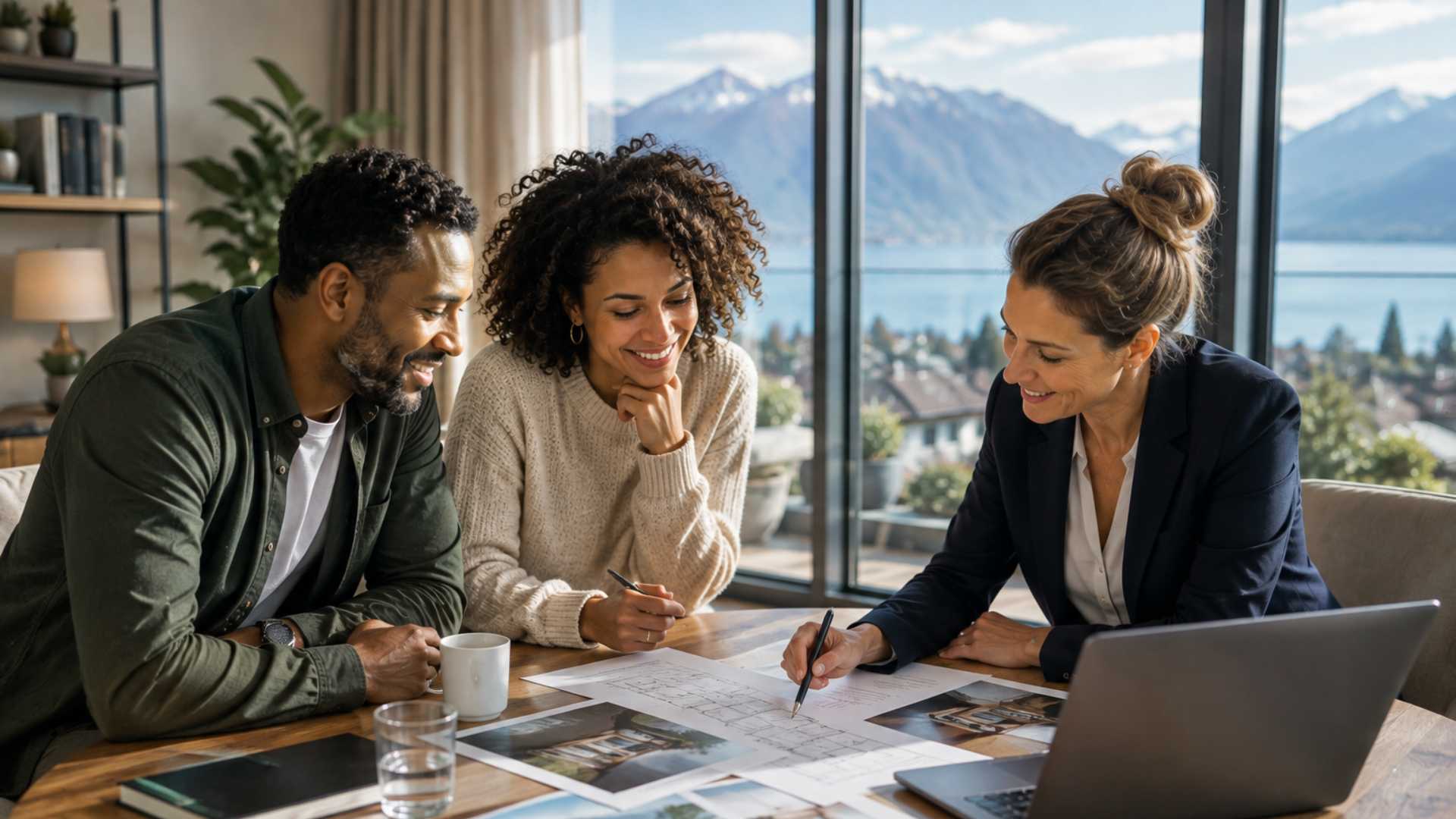 Un conseiller immobilier présente une estimation de la valeur d'une maison à un couple dans un salon moderne avec vue sur le lac, afin de fixer le meilleur prix de vente.