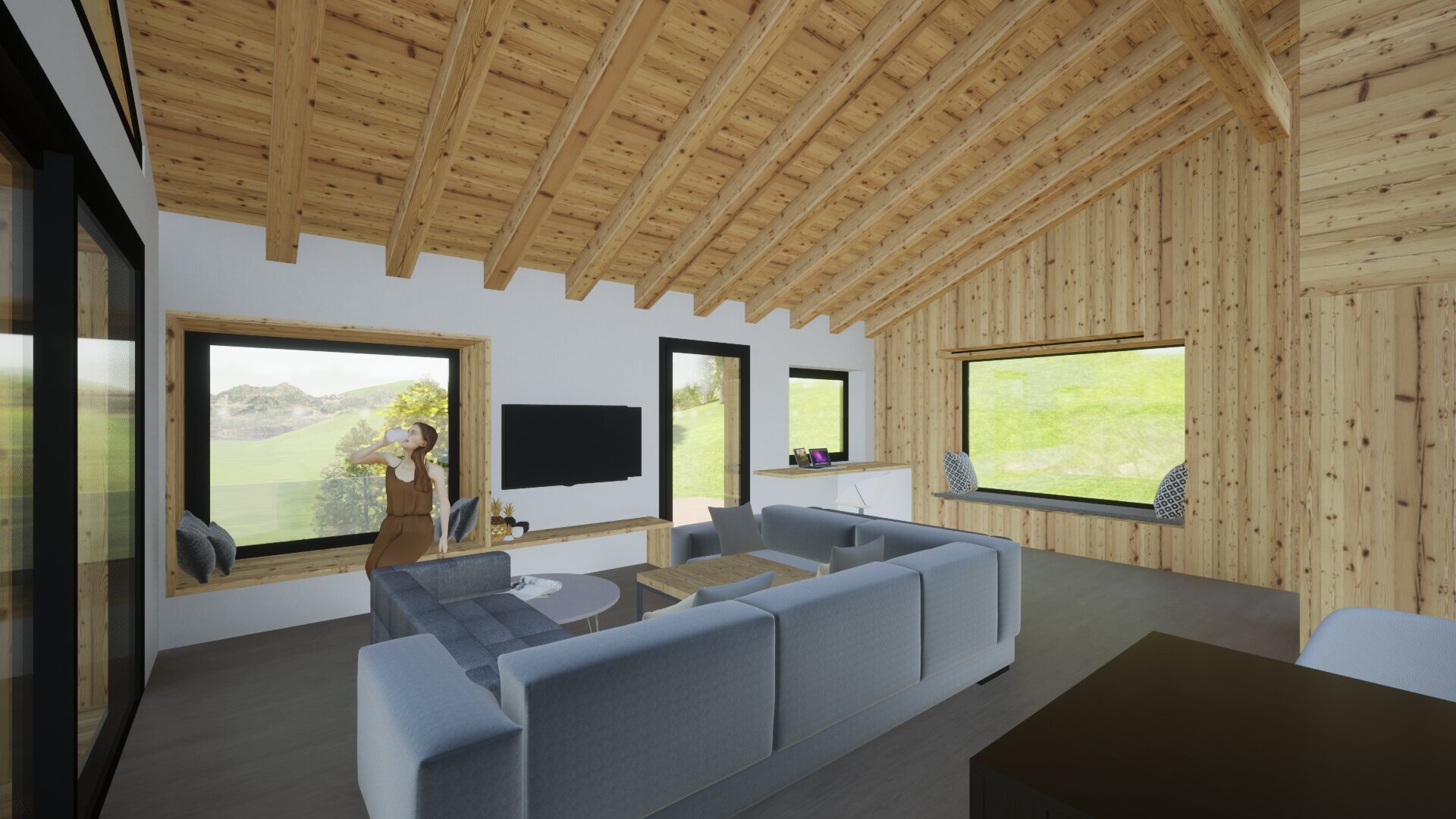 l'intérieur d'une maison moderne avec des murs et un plafond en bois et de grandes fenêtres