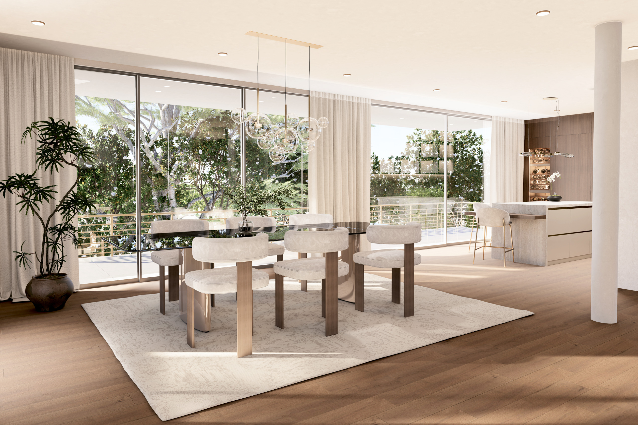 une salle à manger et un salon modernes avec de grandes fenêtres et une table à manger avec des chaises blanches