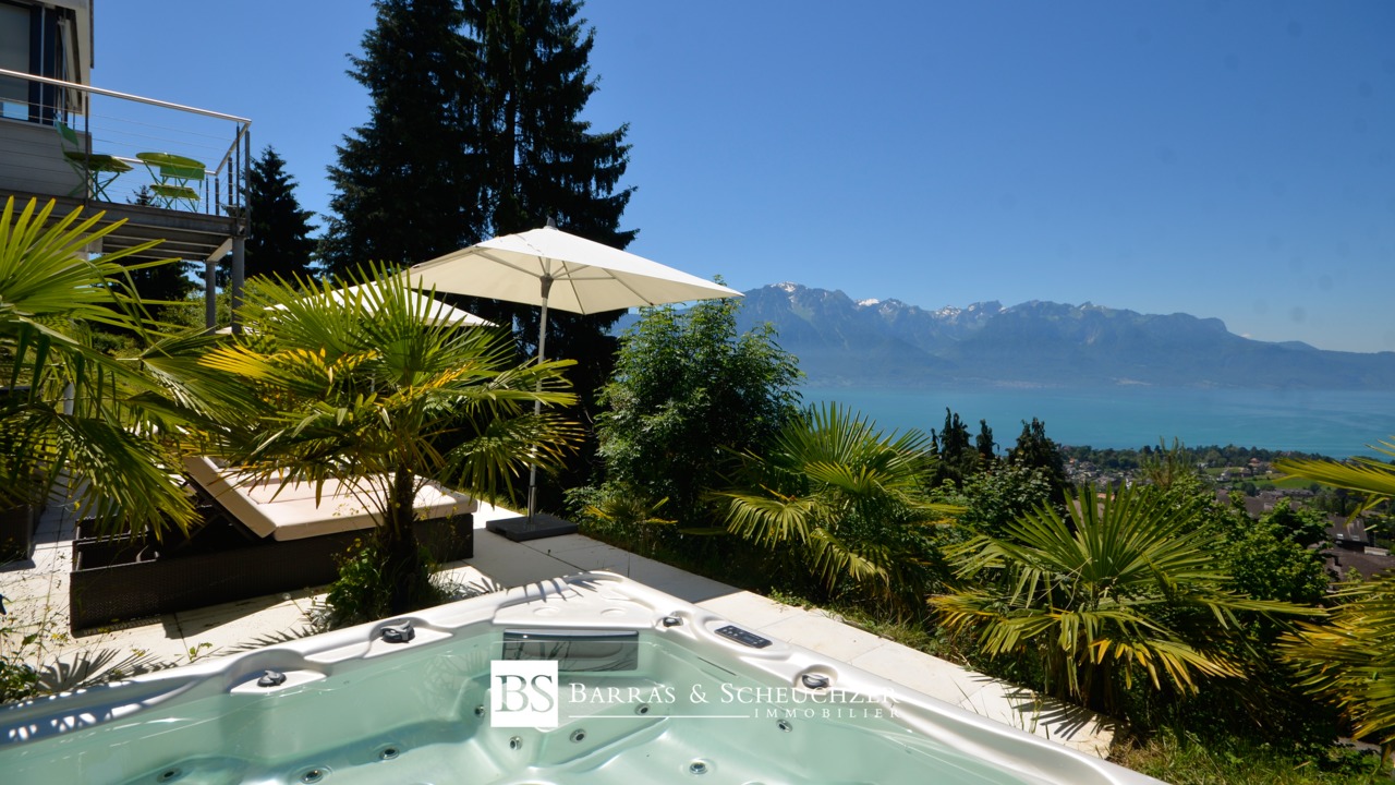 Terrasse avec jacuzzi et vue sur le lac