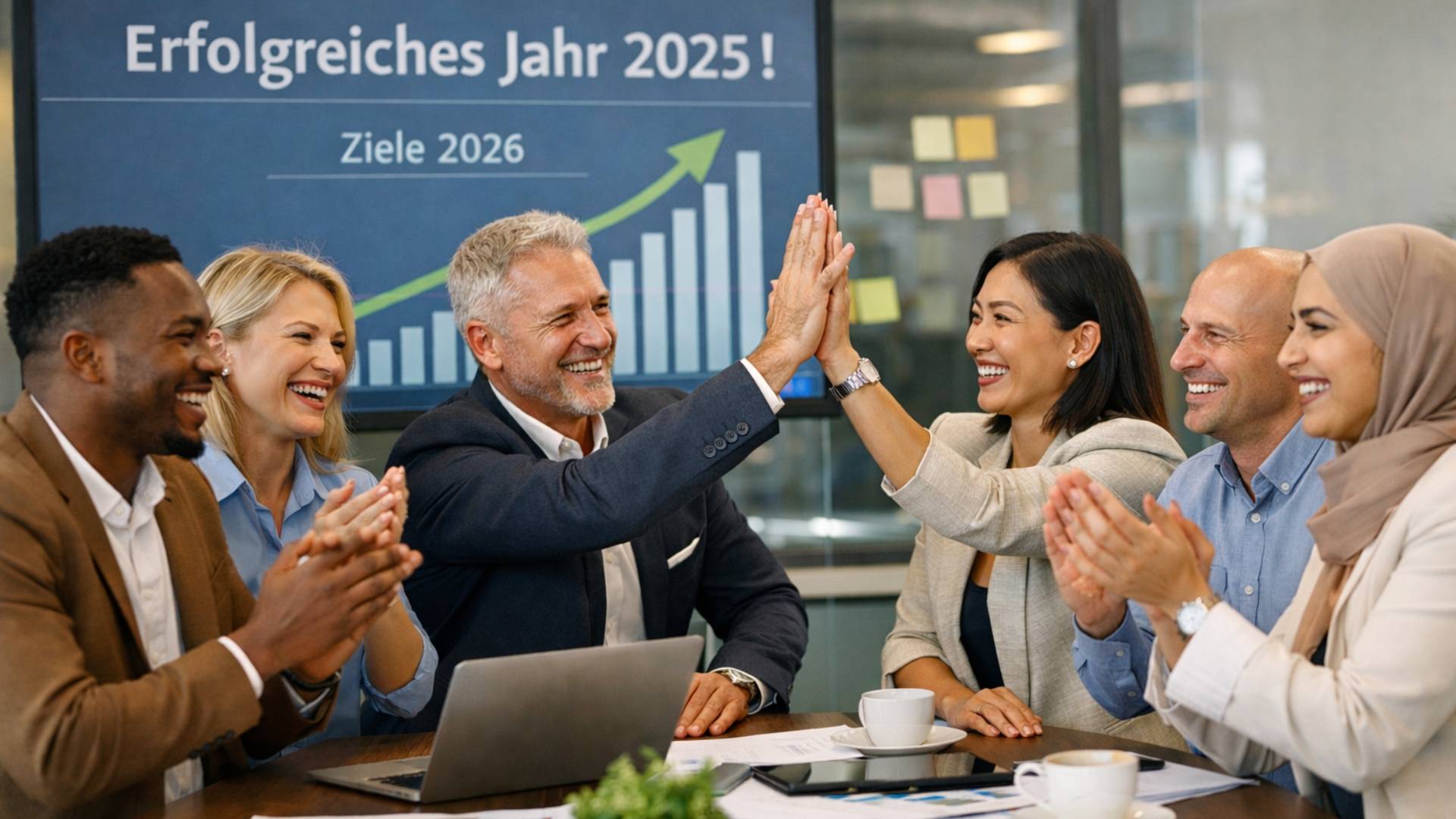 Professionelles Team feiert einen erfolgreichen Immobilien-Jahresabschluss 2025 und die Ziele 2026 rund um eine Wachstumstafel, die die Performance und Entwicklung einer Immobilienplattform in der Schweiz illustriert.
