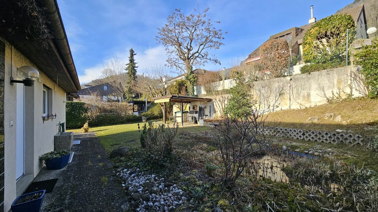 Hauszugang mit Biotop und Pergola