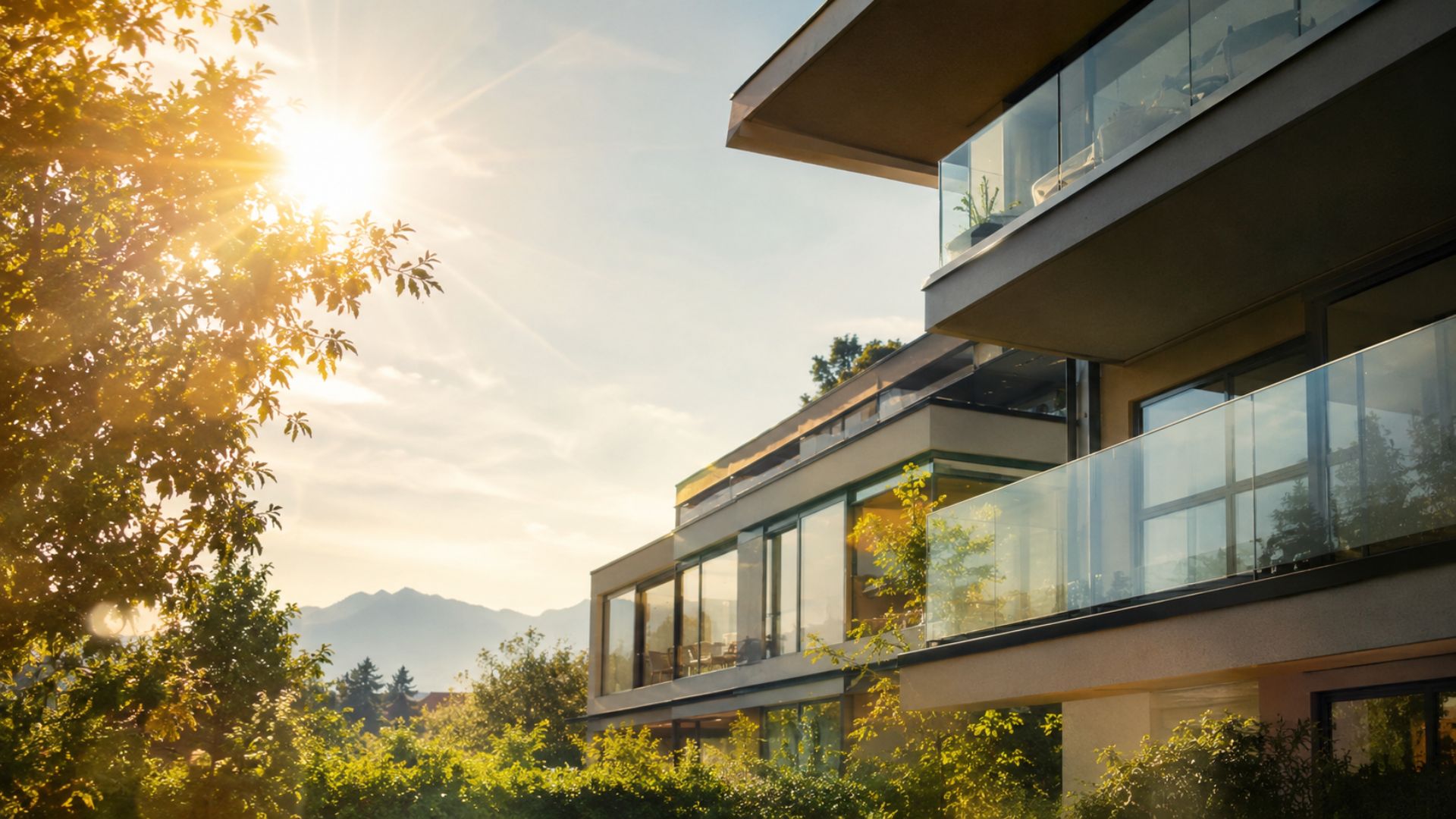 Immeuble résidentiel moderne exposé au soleil estival, illustrant l’évolution des critères immobiliers face aux fortes chaleurs en Suisse.